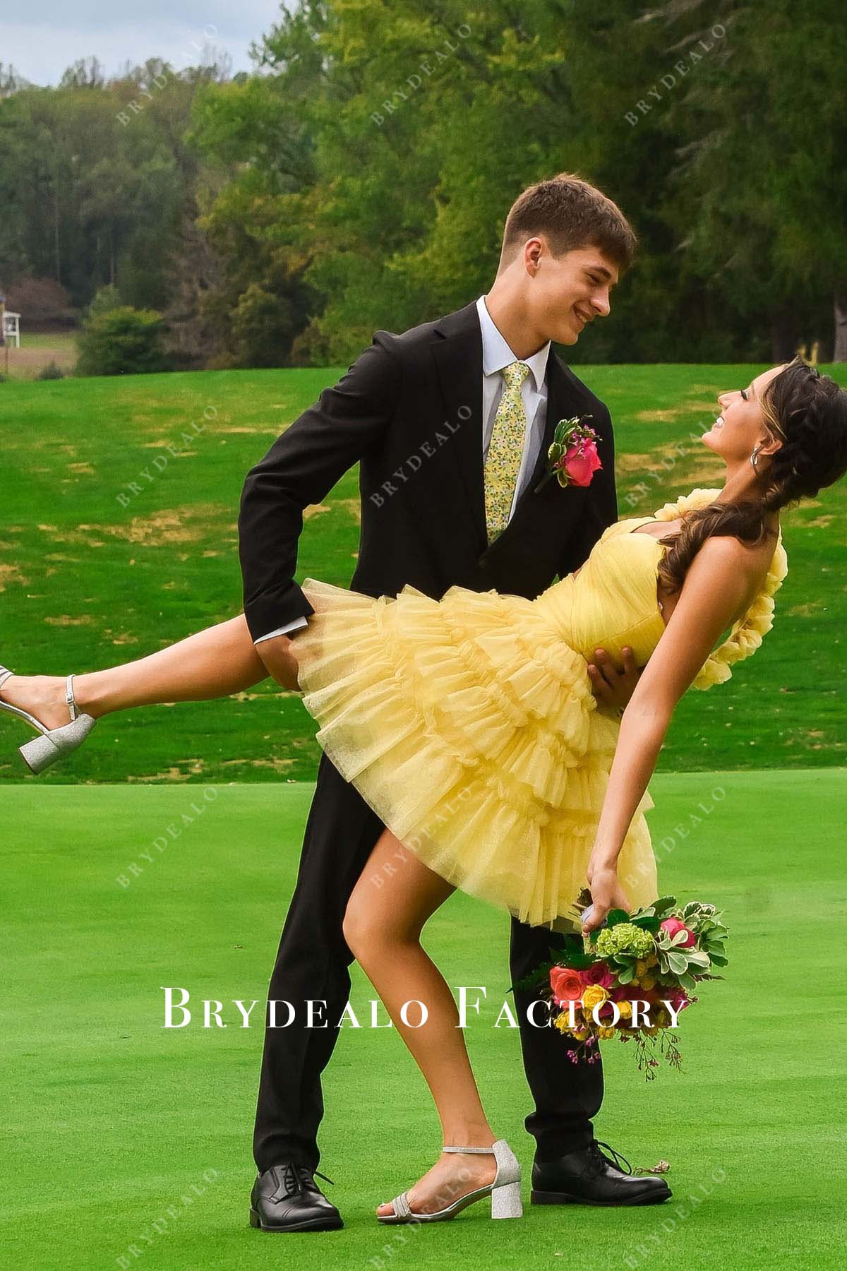 yellow one shoulder layered a line homecoming dress