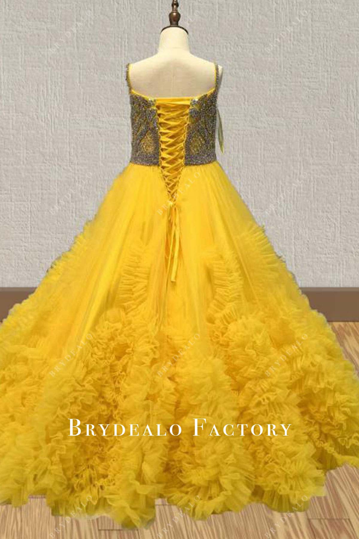 yellow organza lace up back pageant gown