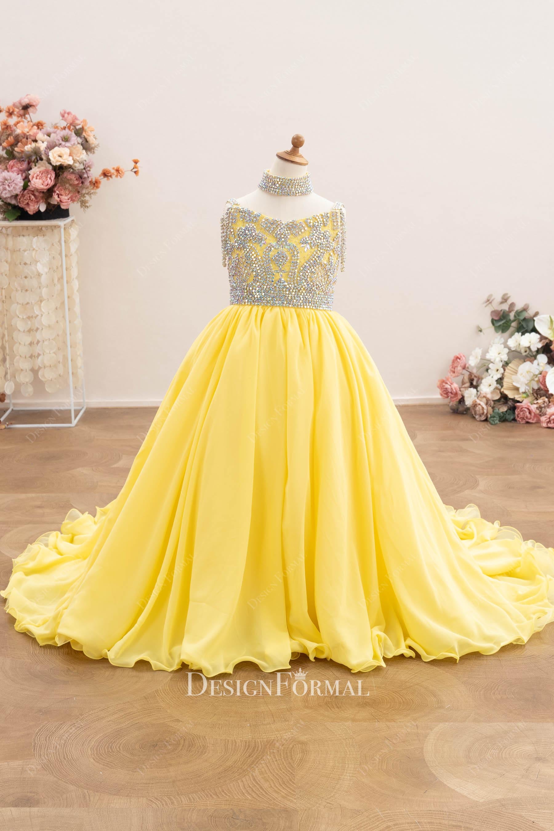 Rhinestone Choker Yellow Chiffon Little Girl Pageant Gown