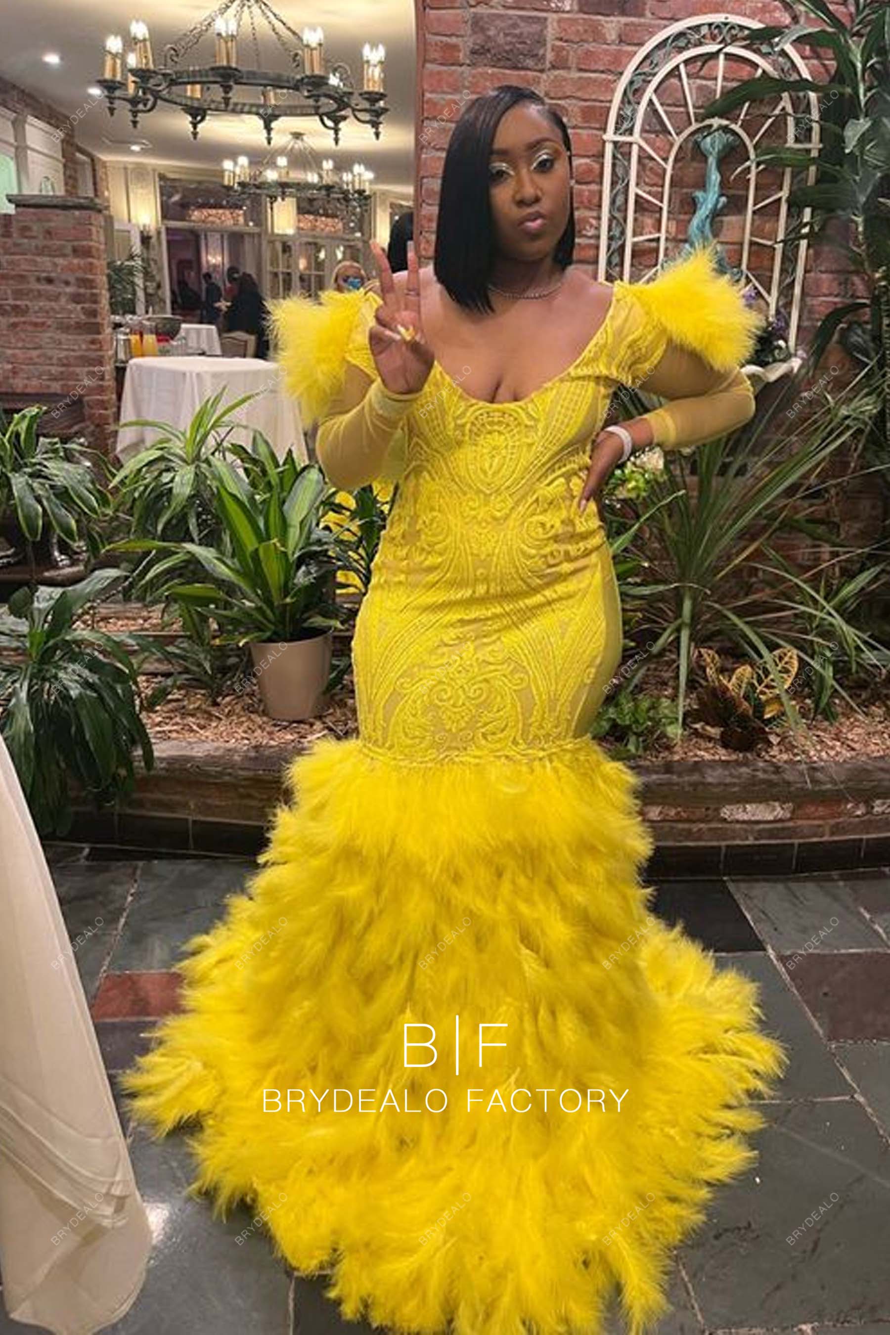 Yellow Sequin Scoop Neck Feathers Trumpet Prom Gown