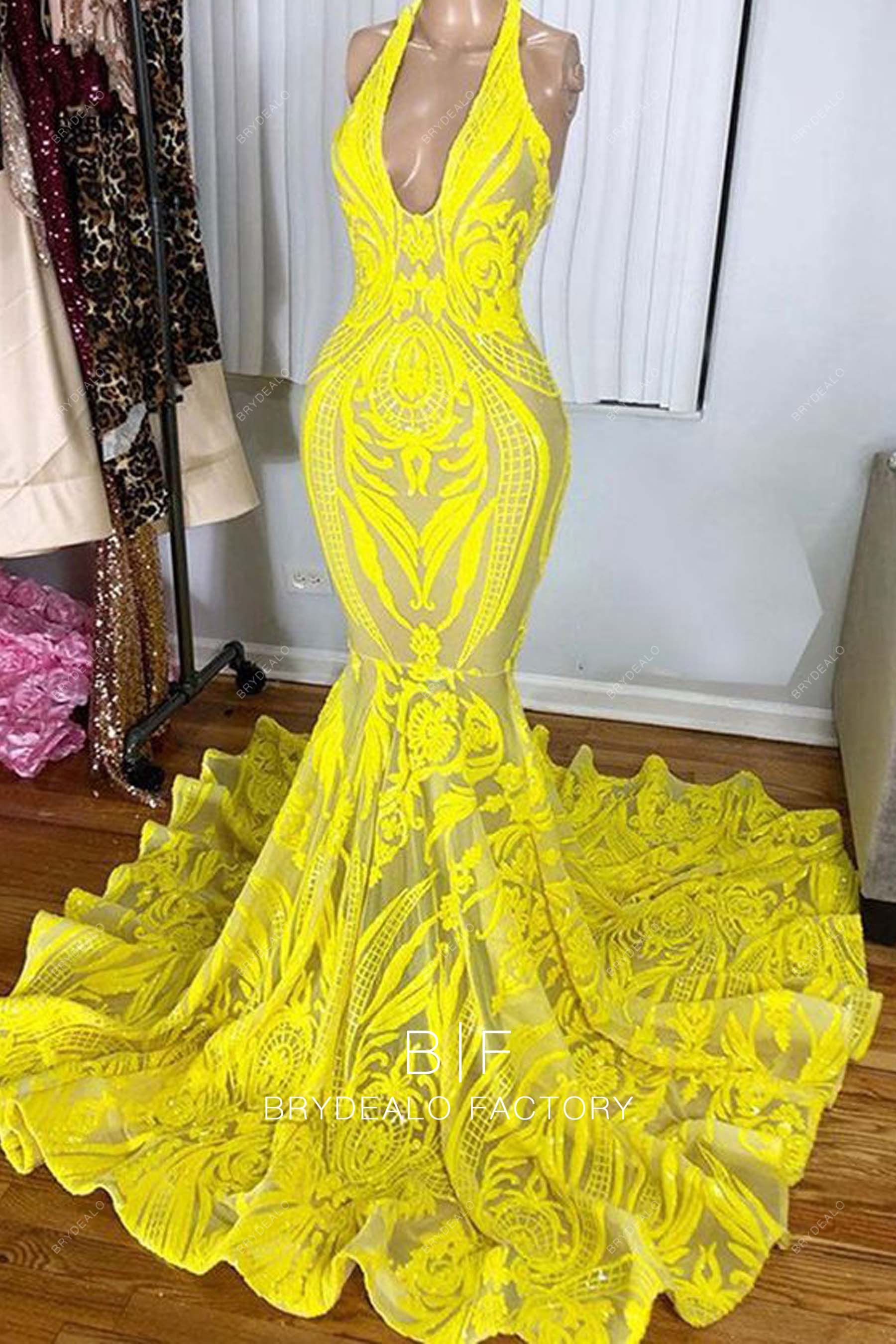 yellow sequin halter neck African-American prom dress