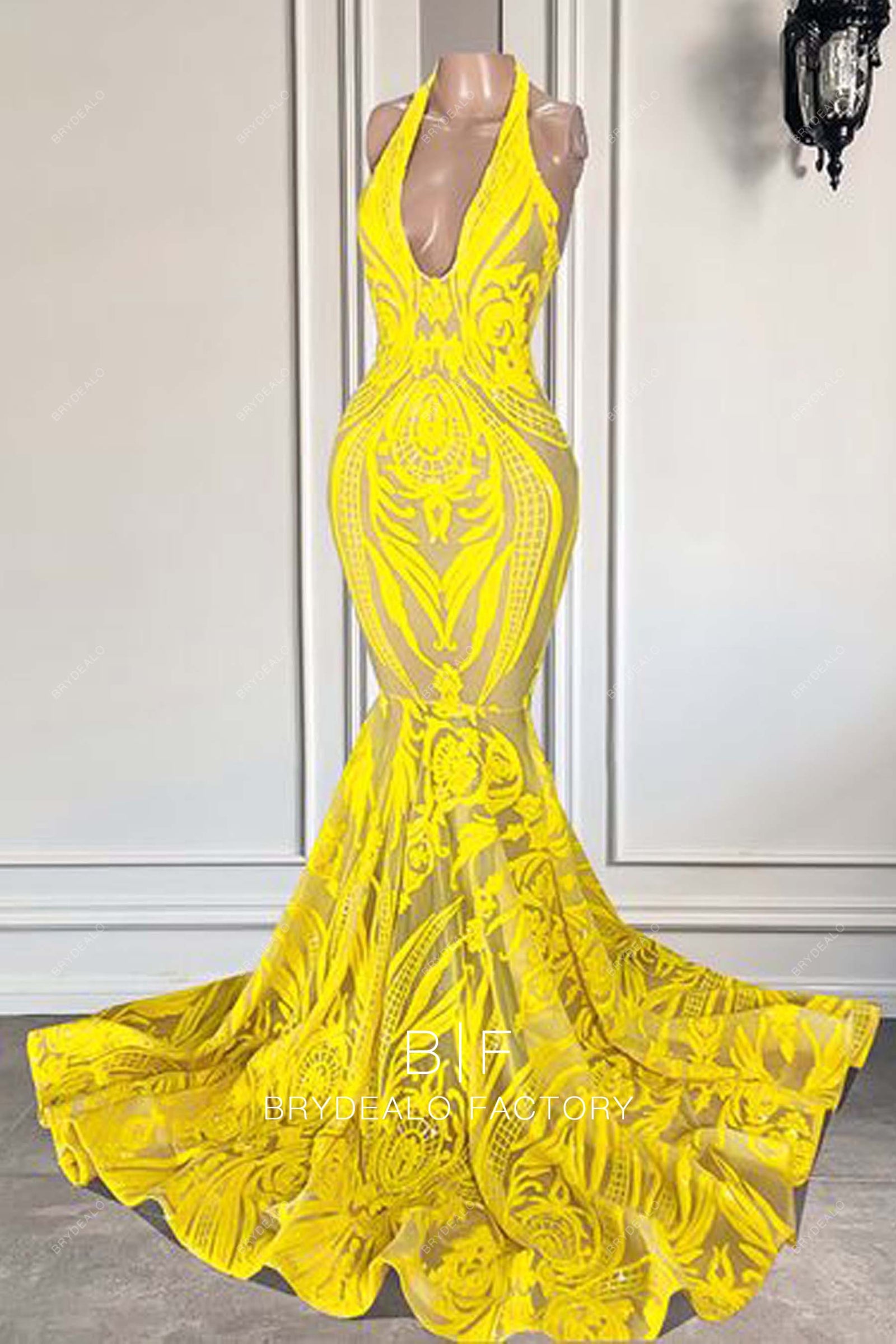 Yellow Embroidery Sequin Sleeveless Halter Neck Mermaid Prom Dress