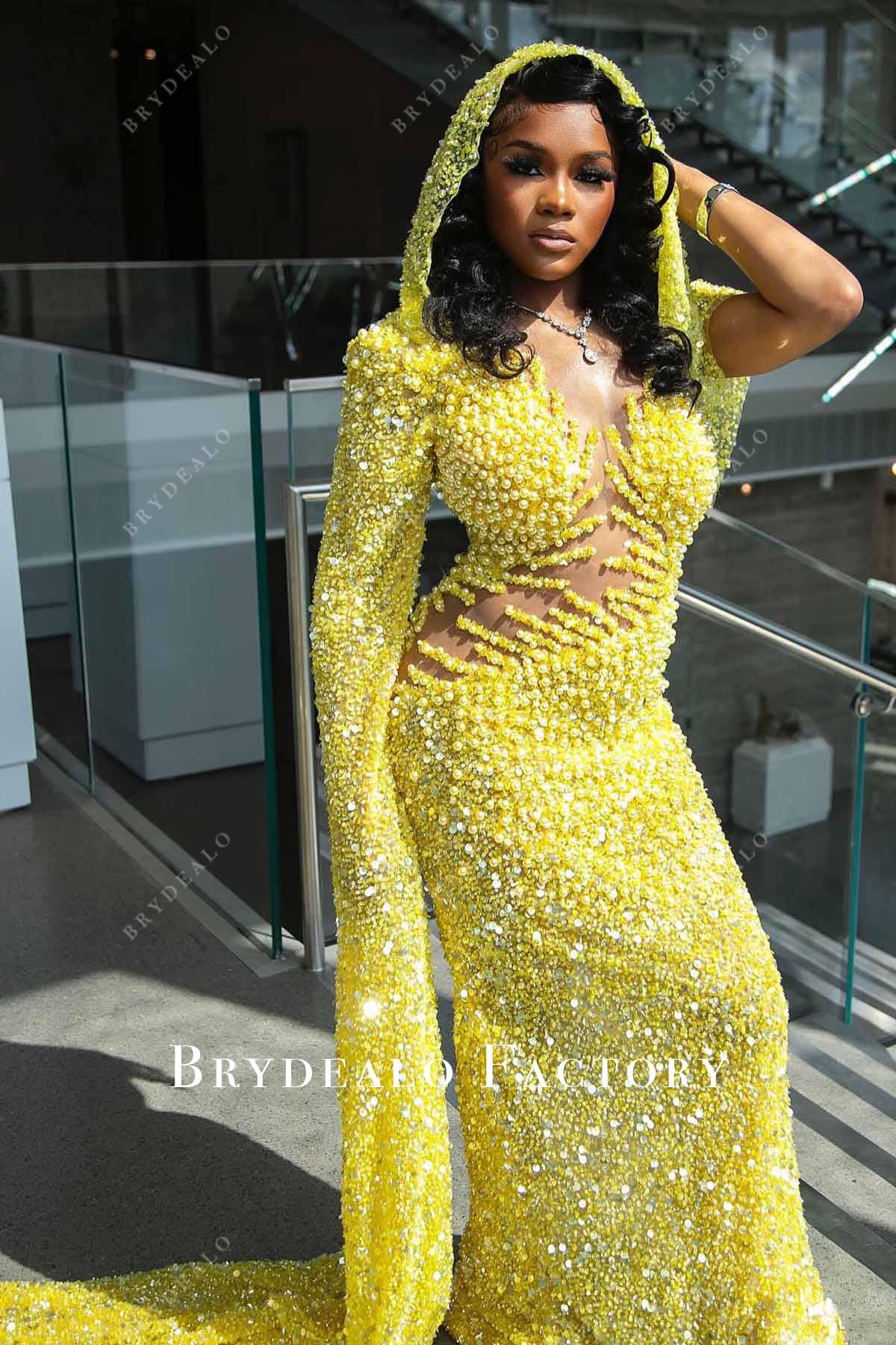 yellow sequined prom dress