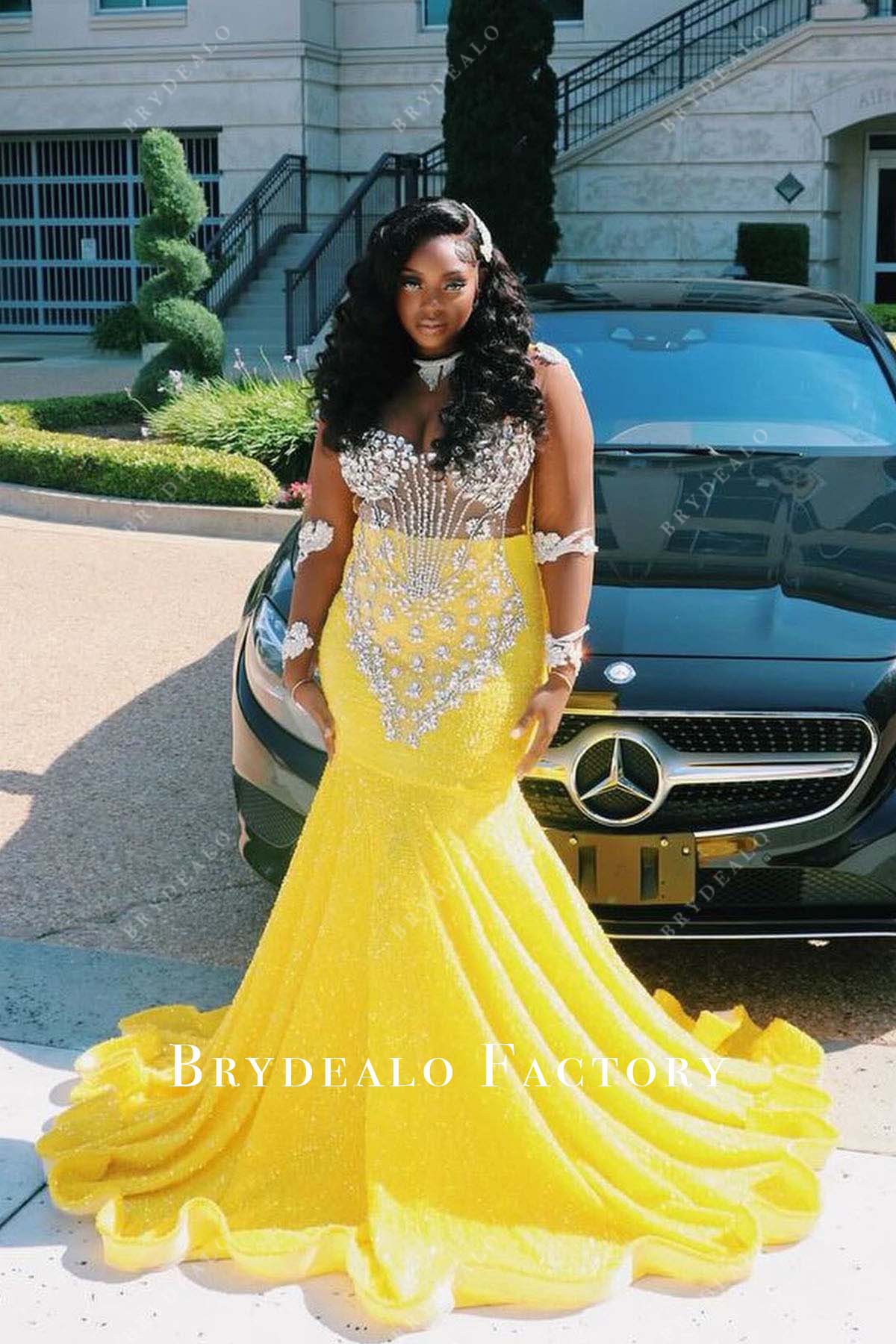 yellow sequined trumpet court train prom dress