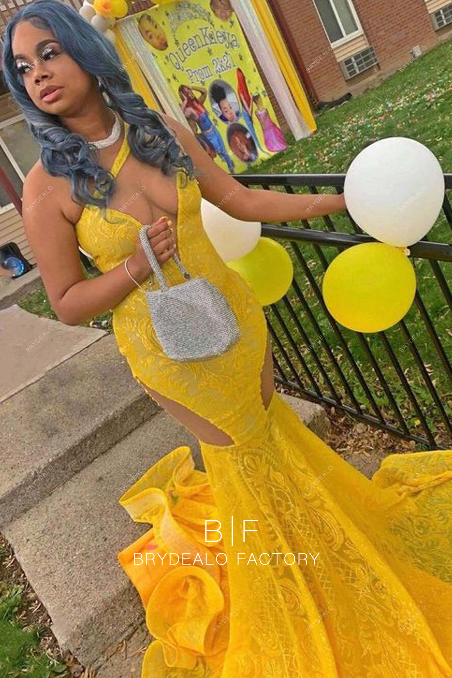 Illusion One Shoulder Sleeveless Yellow Sequin Mermaid Prom Dress