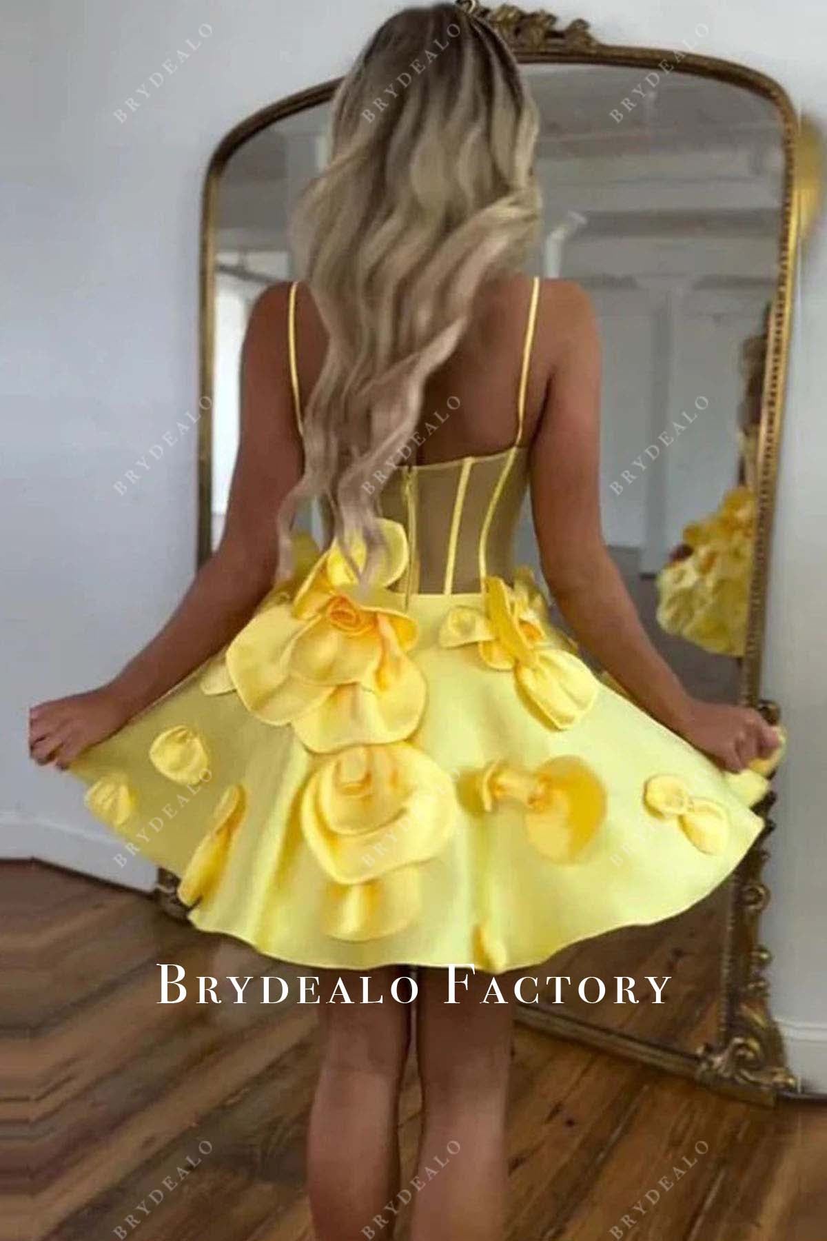 yellow sheer back short homecoming dress