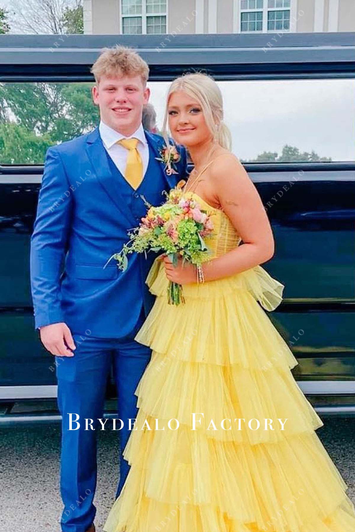 yellow sleeveless layered a line homecoming dress