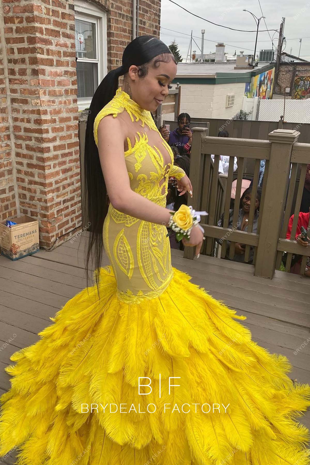 Yellow Sequin Big Feathers Trumpet Prom Dress