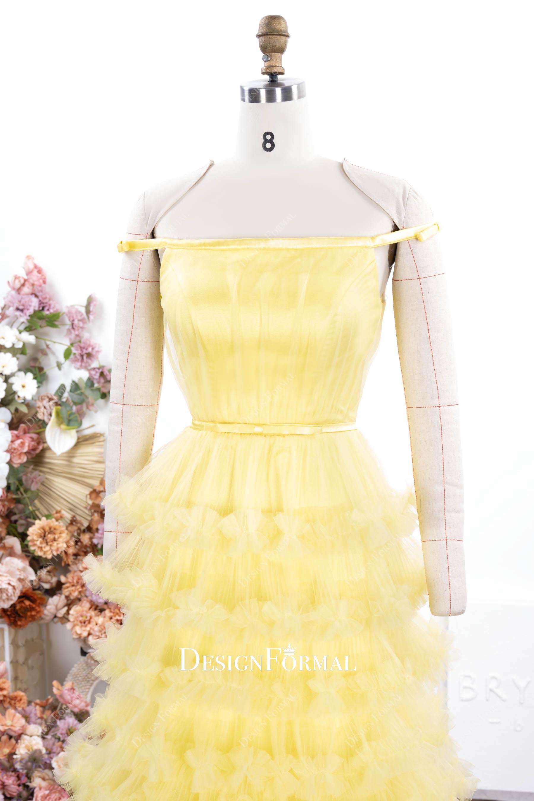 yellow straight across a line prom dress
