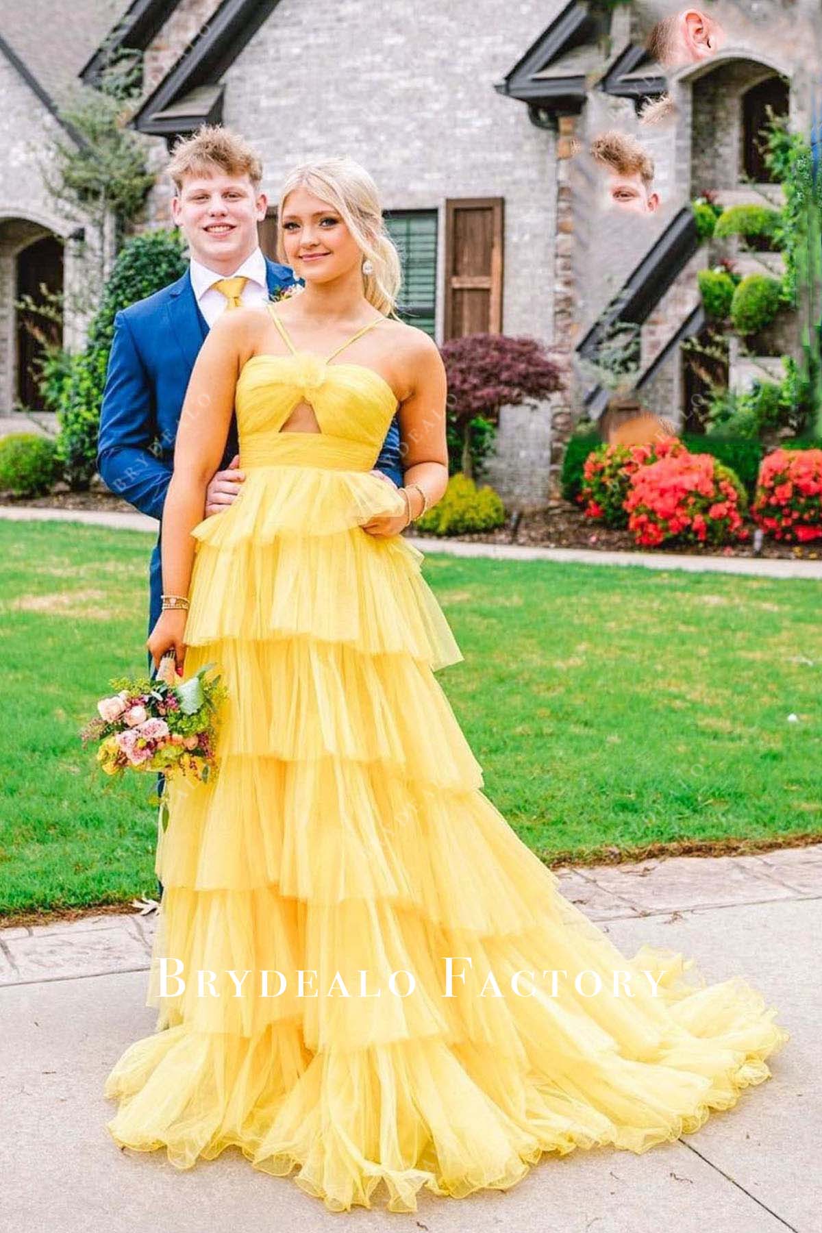 yellow thin straps layered a line homecoming dress