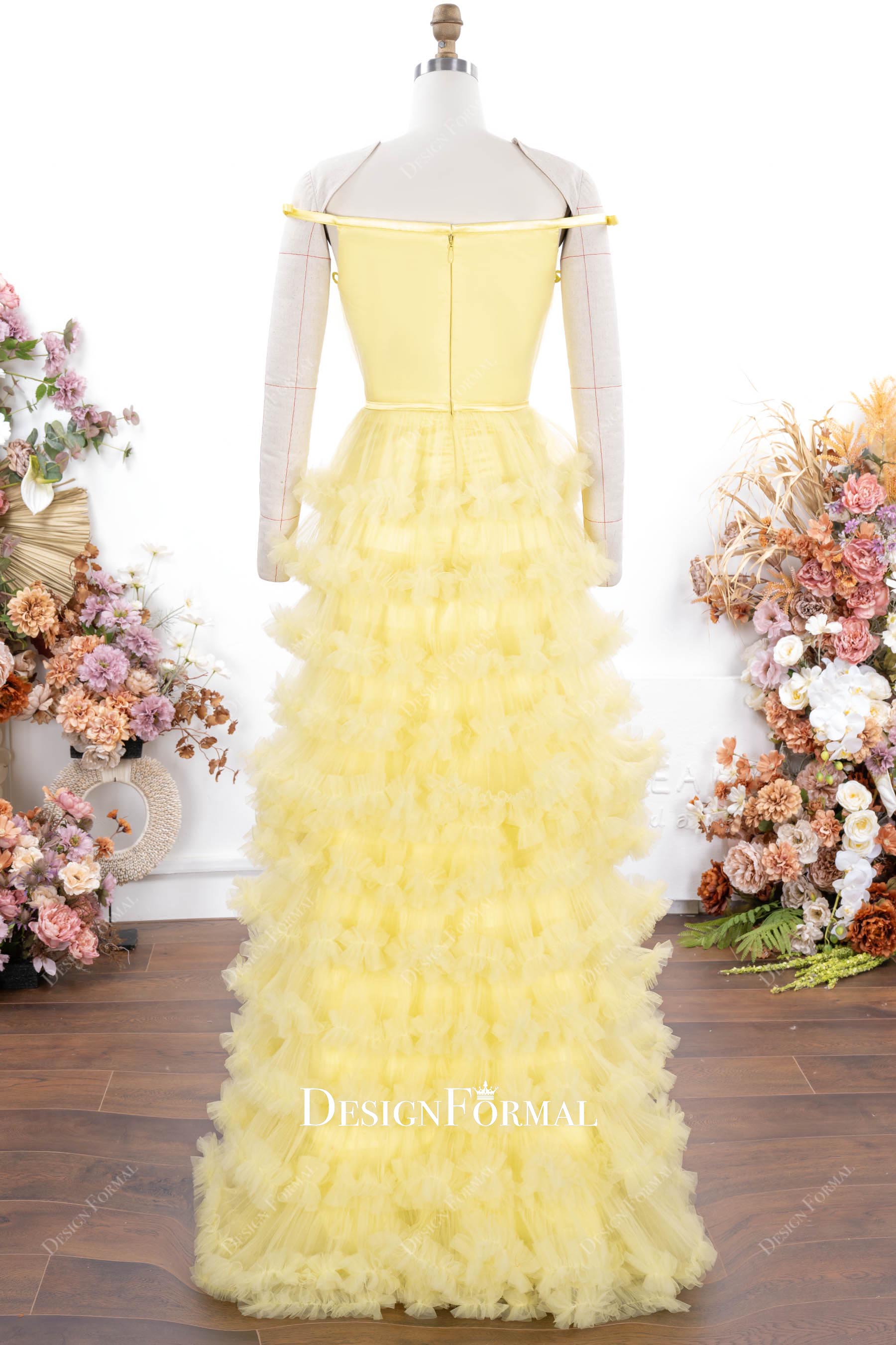 yellow tulle floor length prom dress