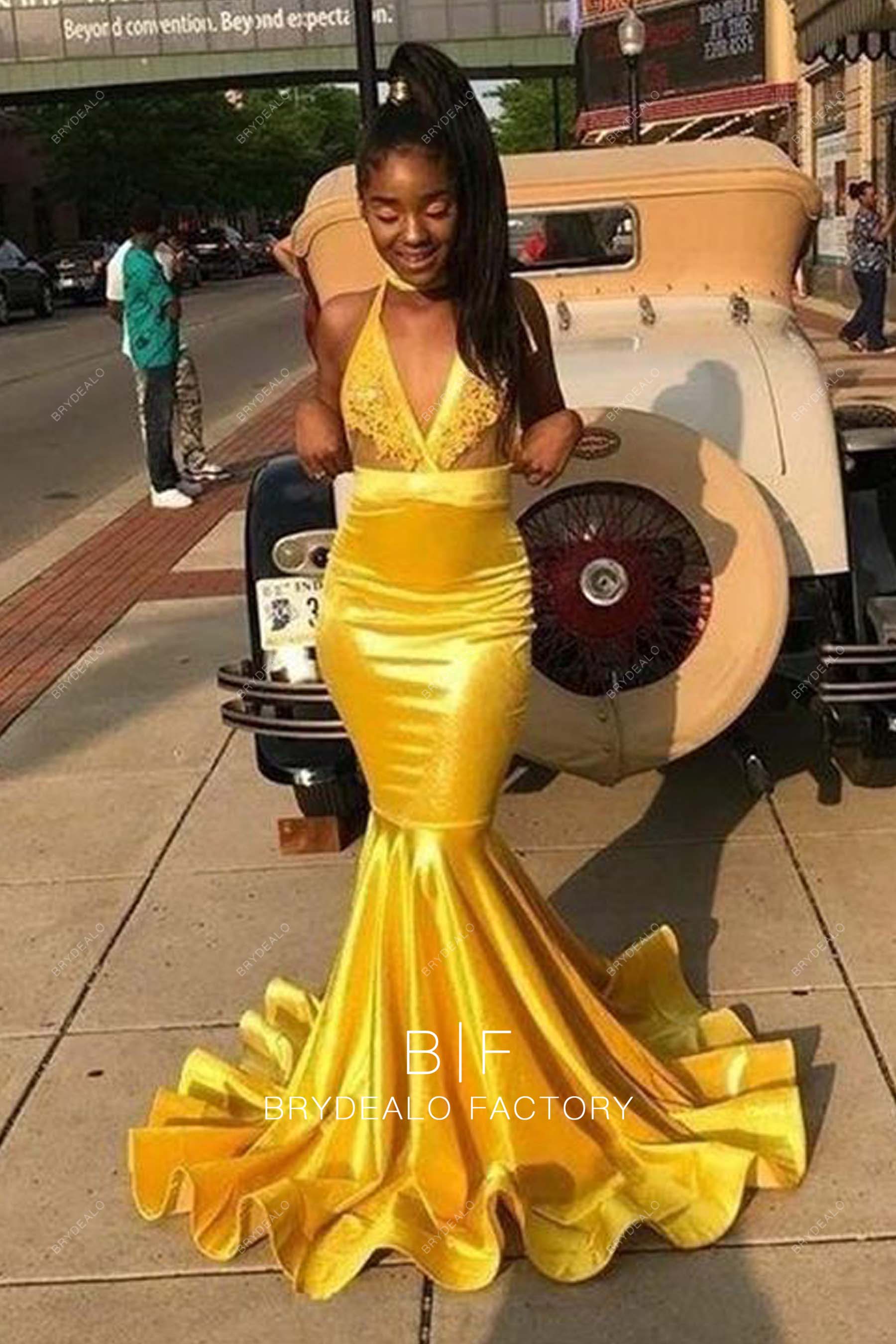 Yellow Lace Velvet Halter Plunging Neck Long Mermaid Prom Dress