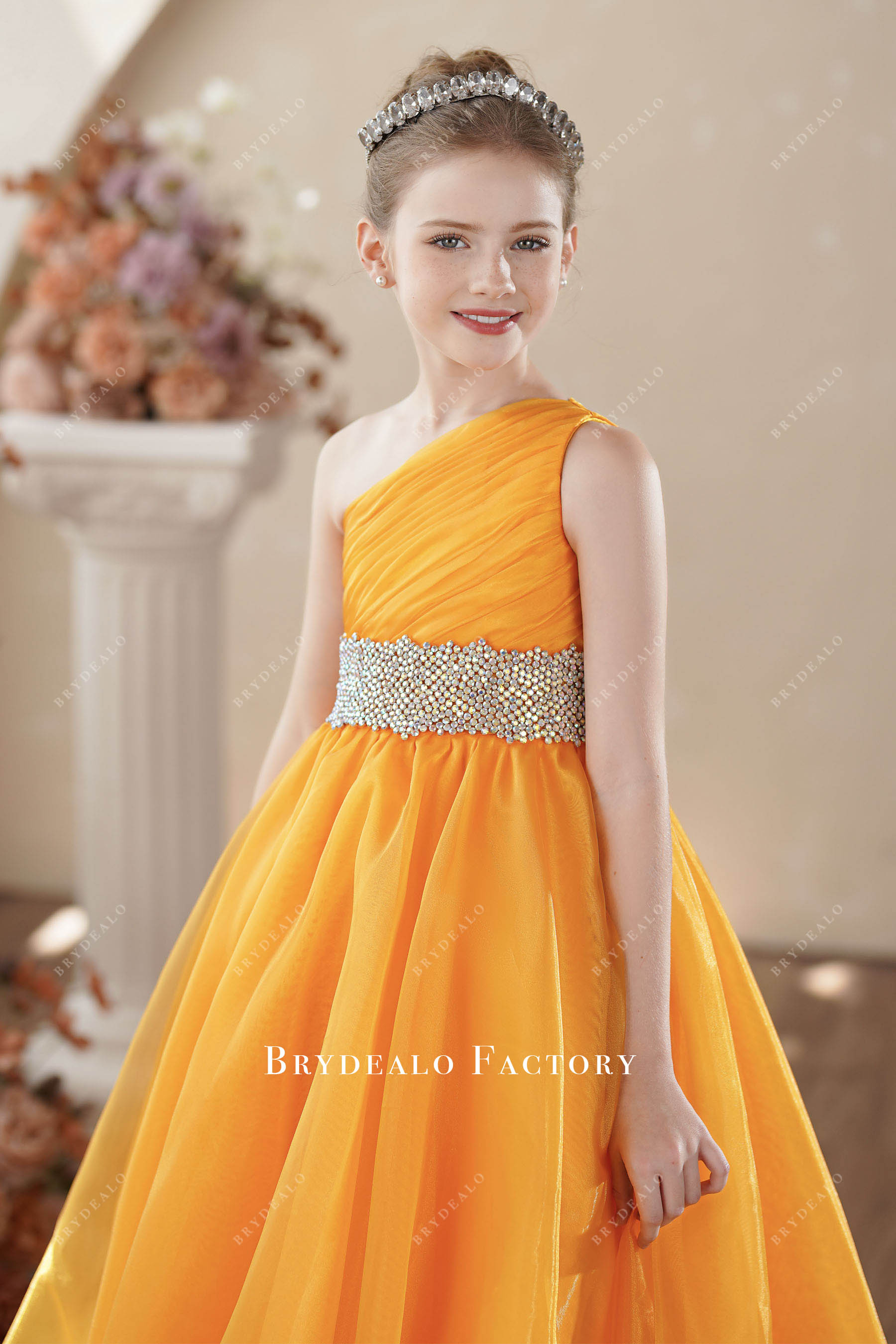 young girl one shoulder orange pageant dress