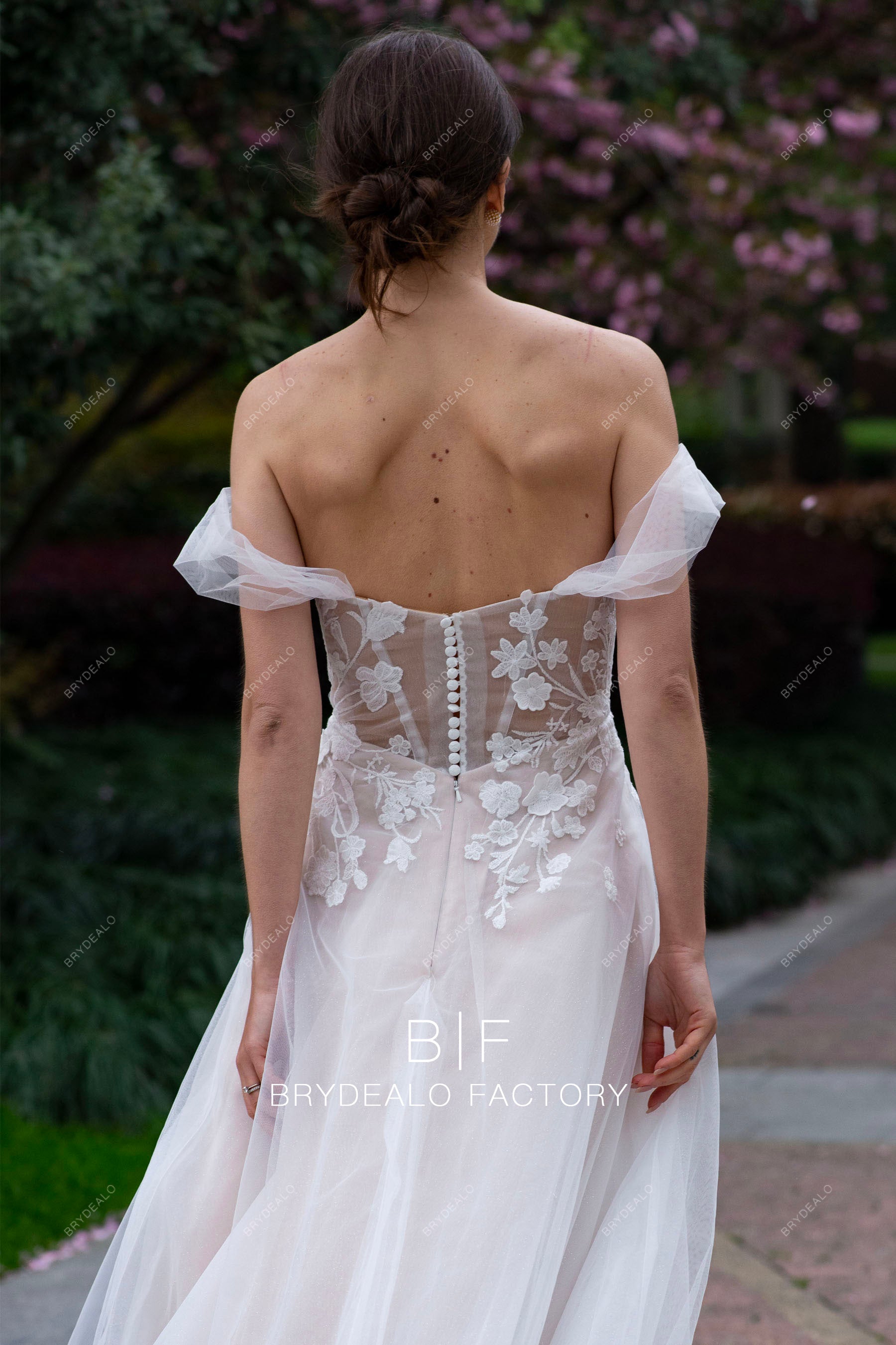 off shoulder lace illusion back destination wedding dress