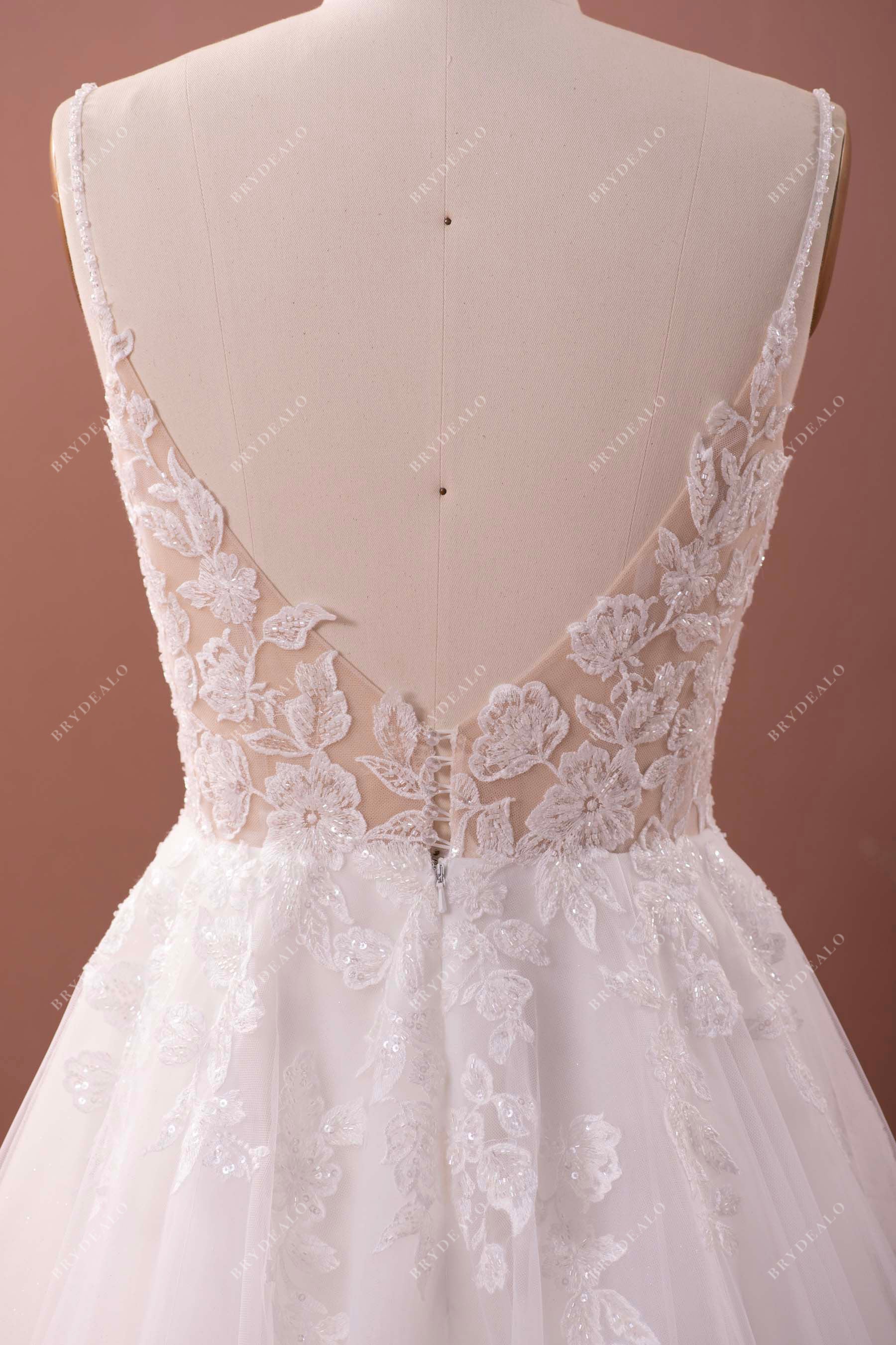 sleeveless open back designer lace bridal dress