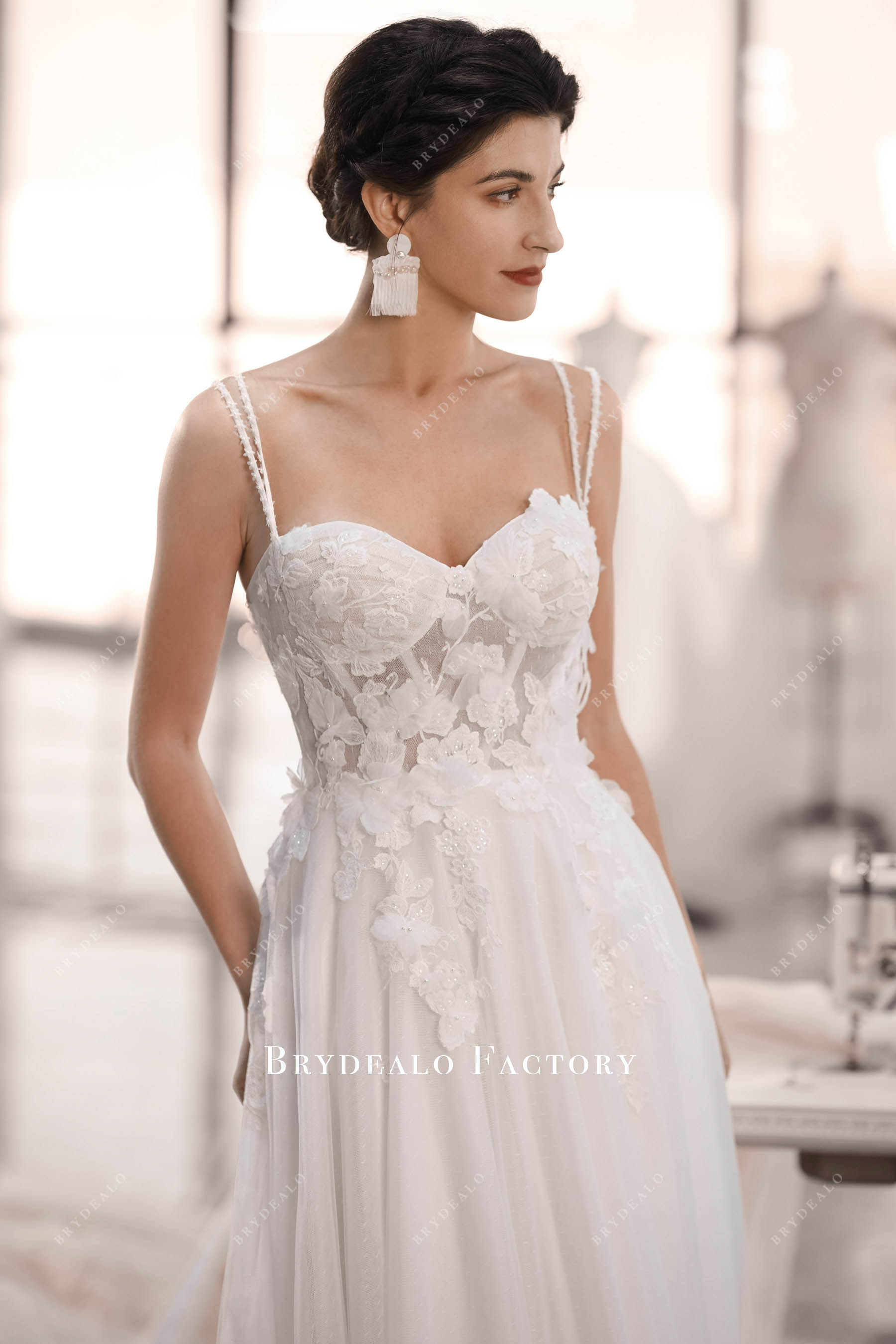 Illusion Corset Designer 3D Flowers Boho A Line Bridal Dress