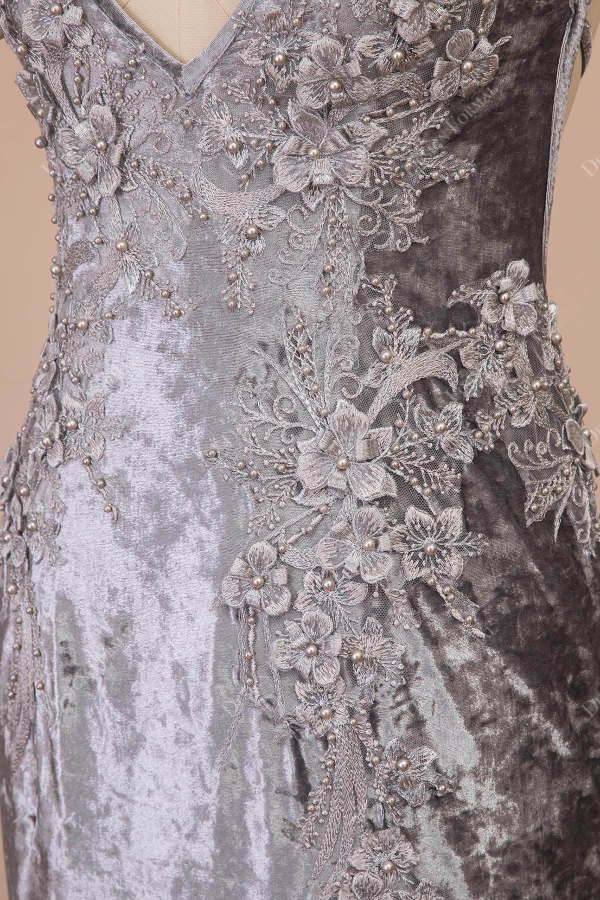 3D flowers lace grey velvet prom dress
