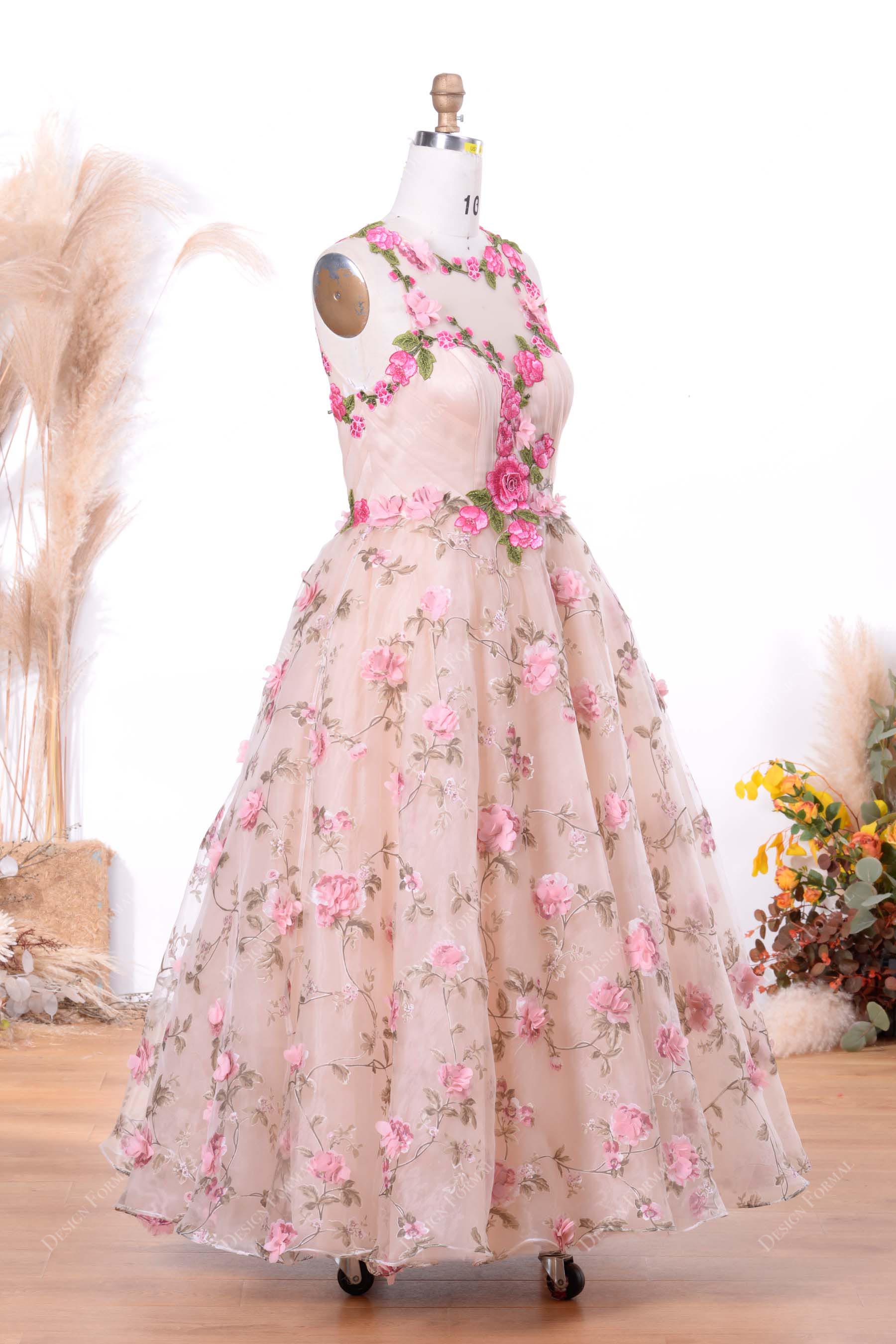 fuchsia 3D flowery organza sleeveless little girl gown