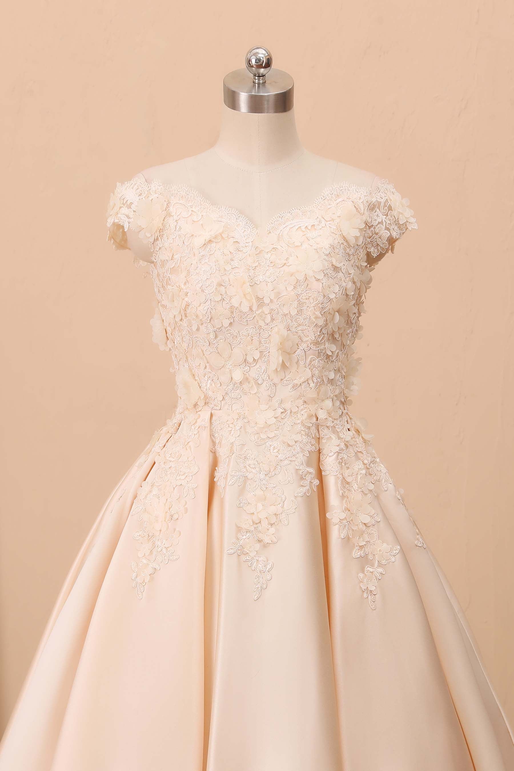 off-shoulder champagne 3D lace wedding dress