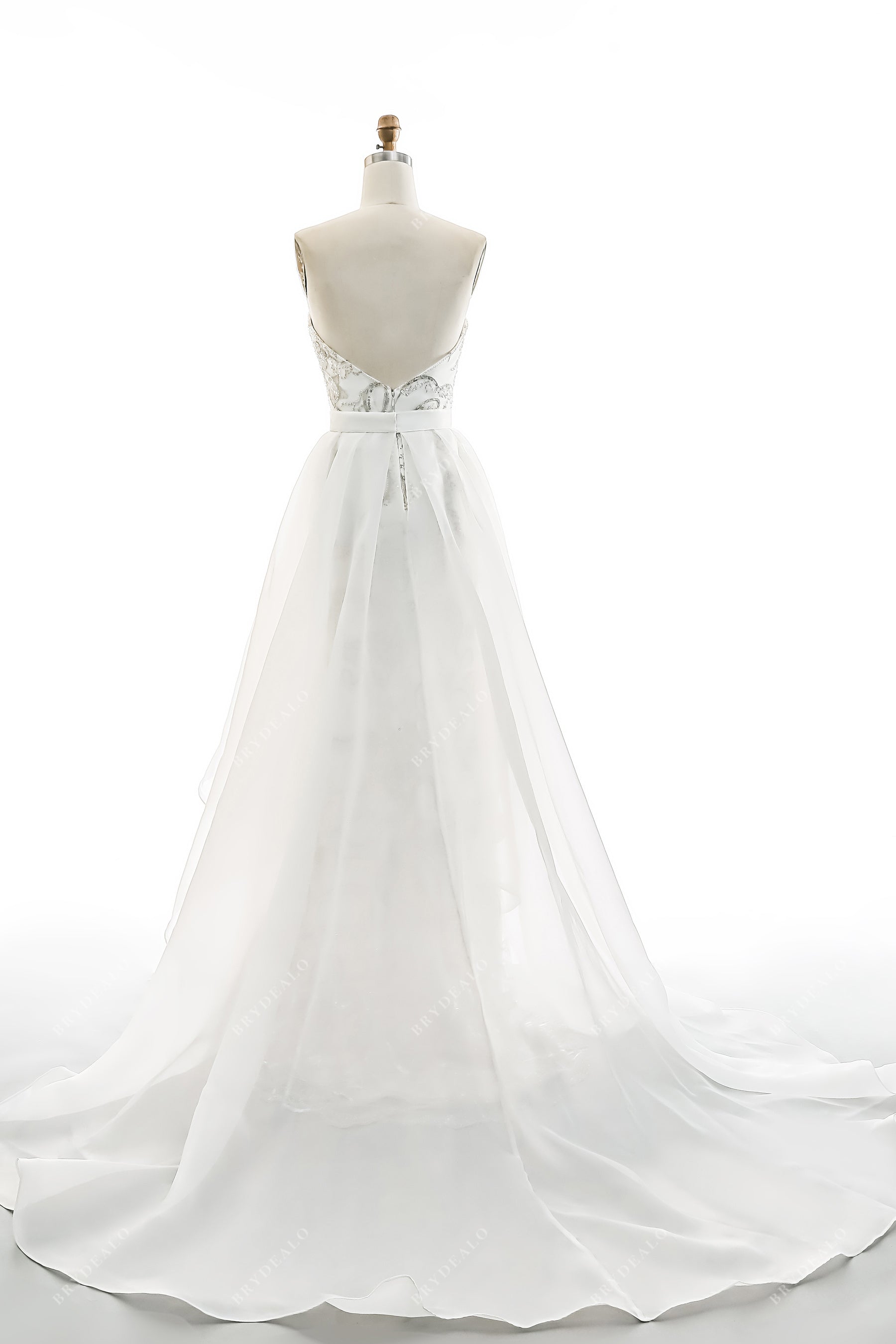 ethereal organza overskirt open back bridal dress