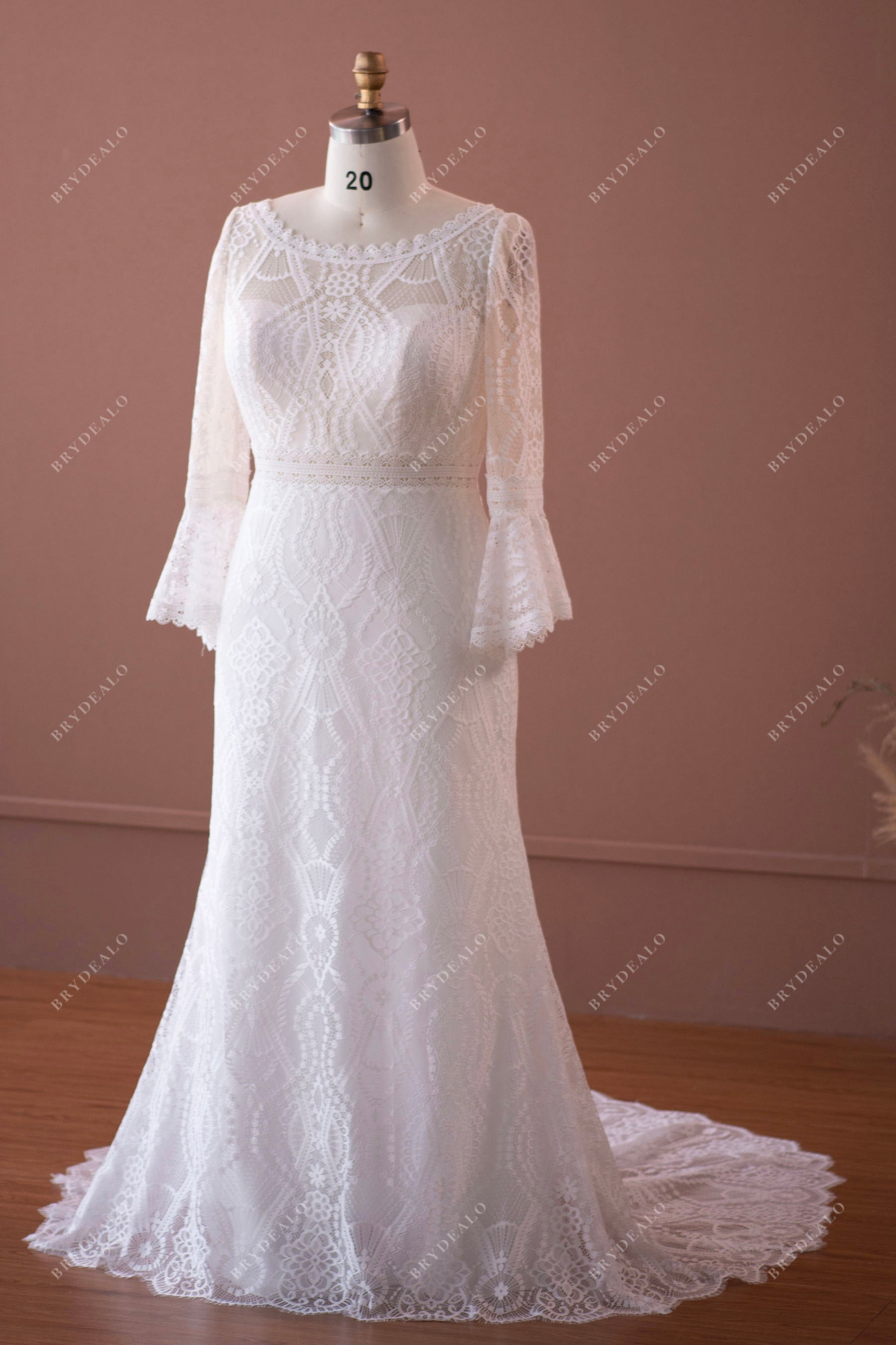 sheer bell sleeves fit and flare spring bridal dress