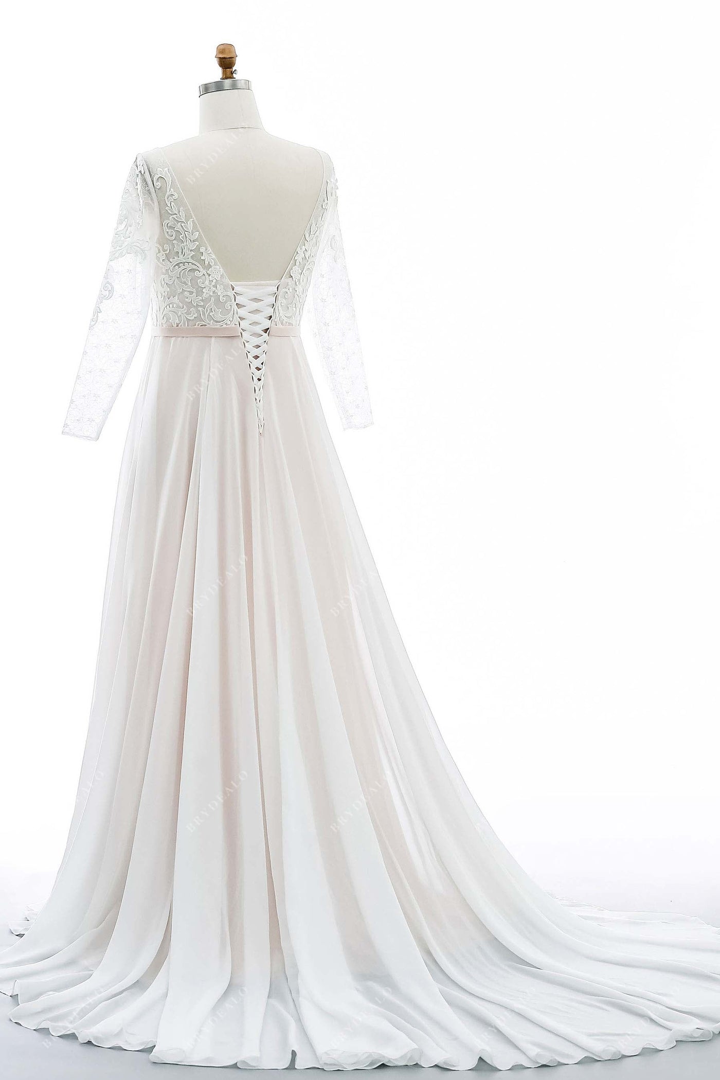 Long Chiffon Dress With Lace Bodice Pearl Pink