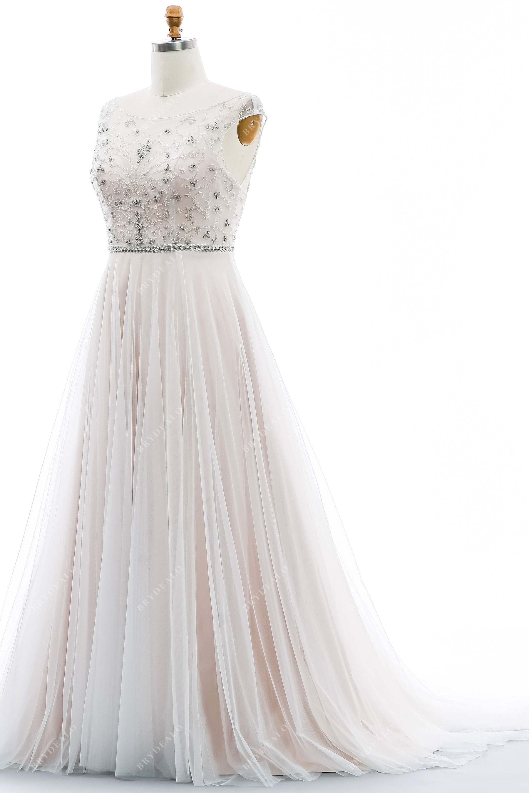A-line tulle bling bling crystals illusion neck wedding dress