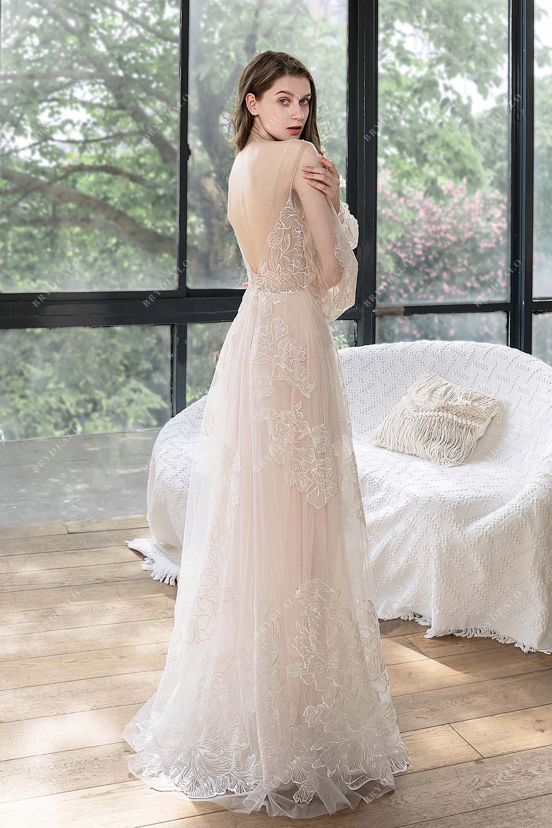 boho A-line floral lace bridal dress