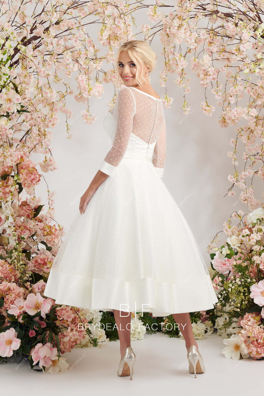 Dusty Pink Embroidered Illusion Bodice Tulle Gown with Triple Rhinestone Waist Detail main image 1