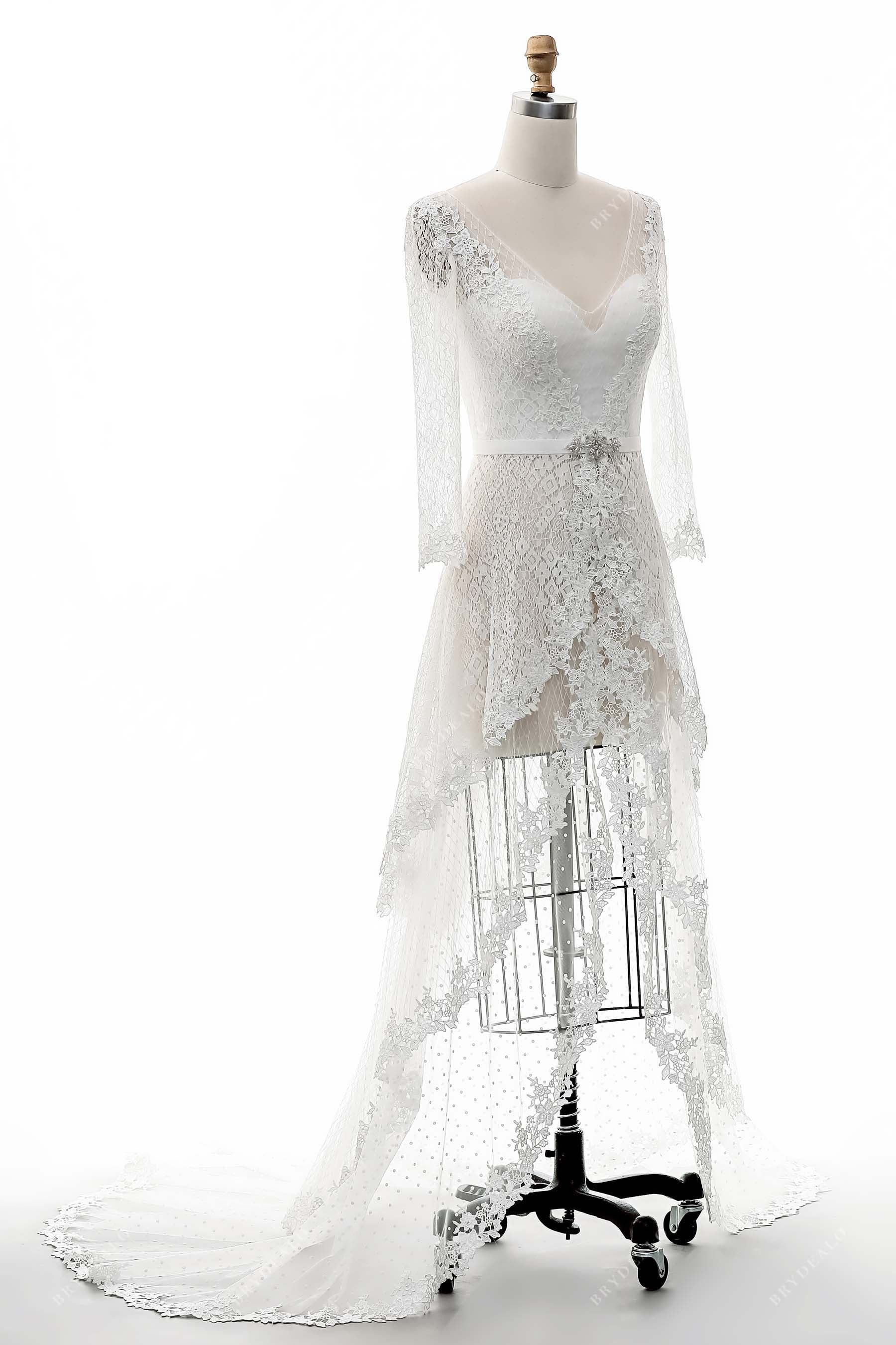 sheer long sleeves city tiered lace bridal dress