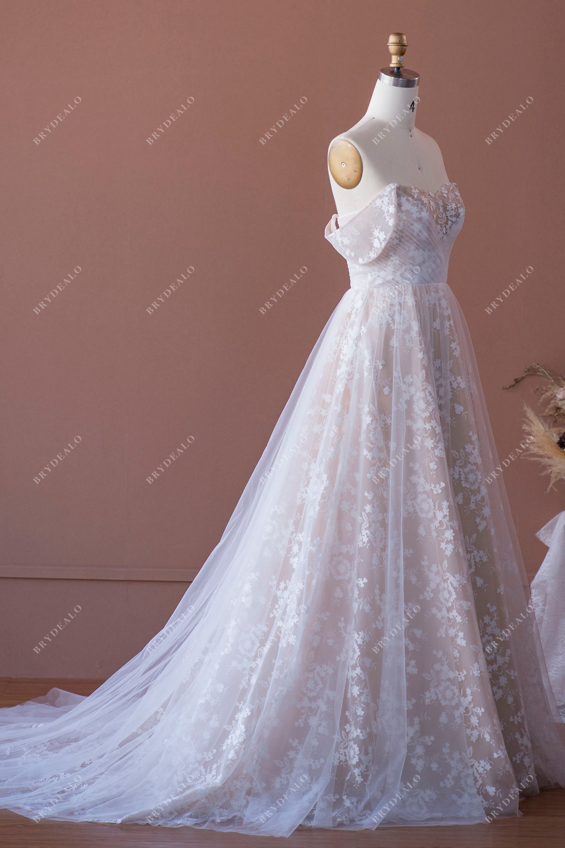 A-line off-shoulder lace overlaid tulle colored bridal dress