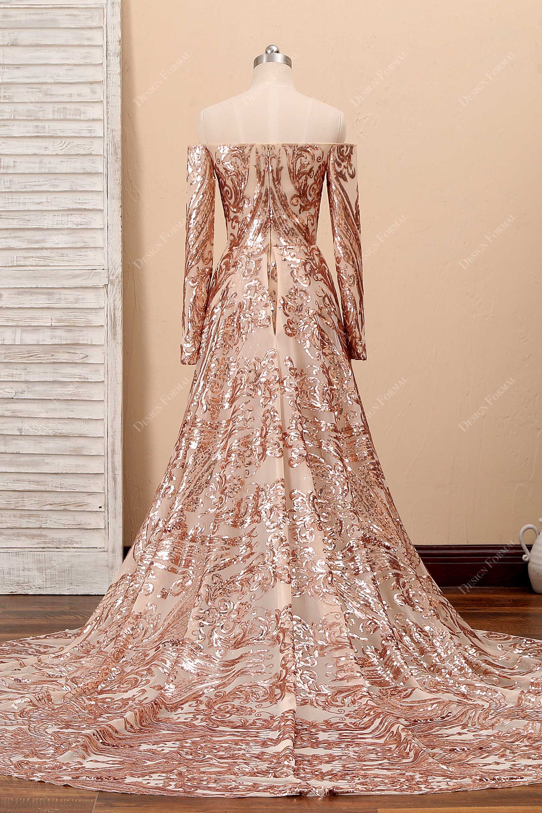 A-line off shoulder champagne gold sequin prom dress