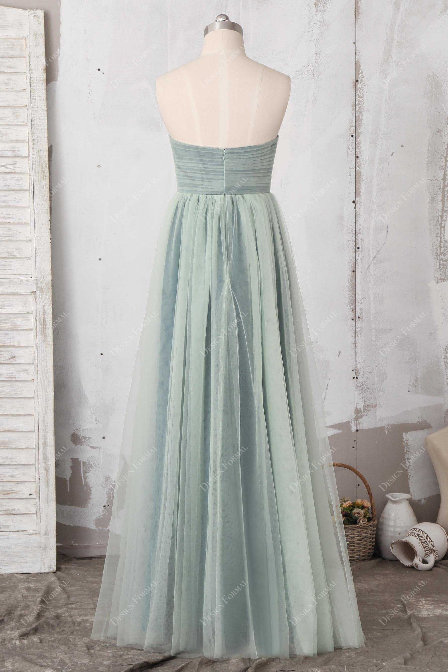 A-line sage green tulle bridesmaid gown