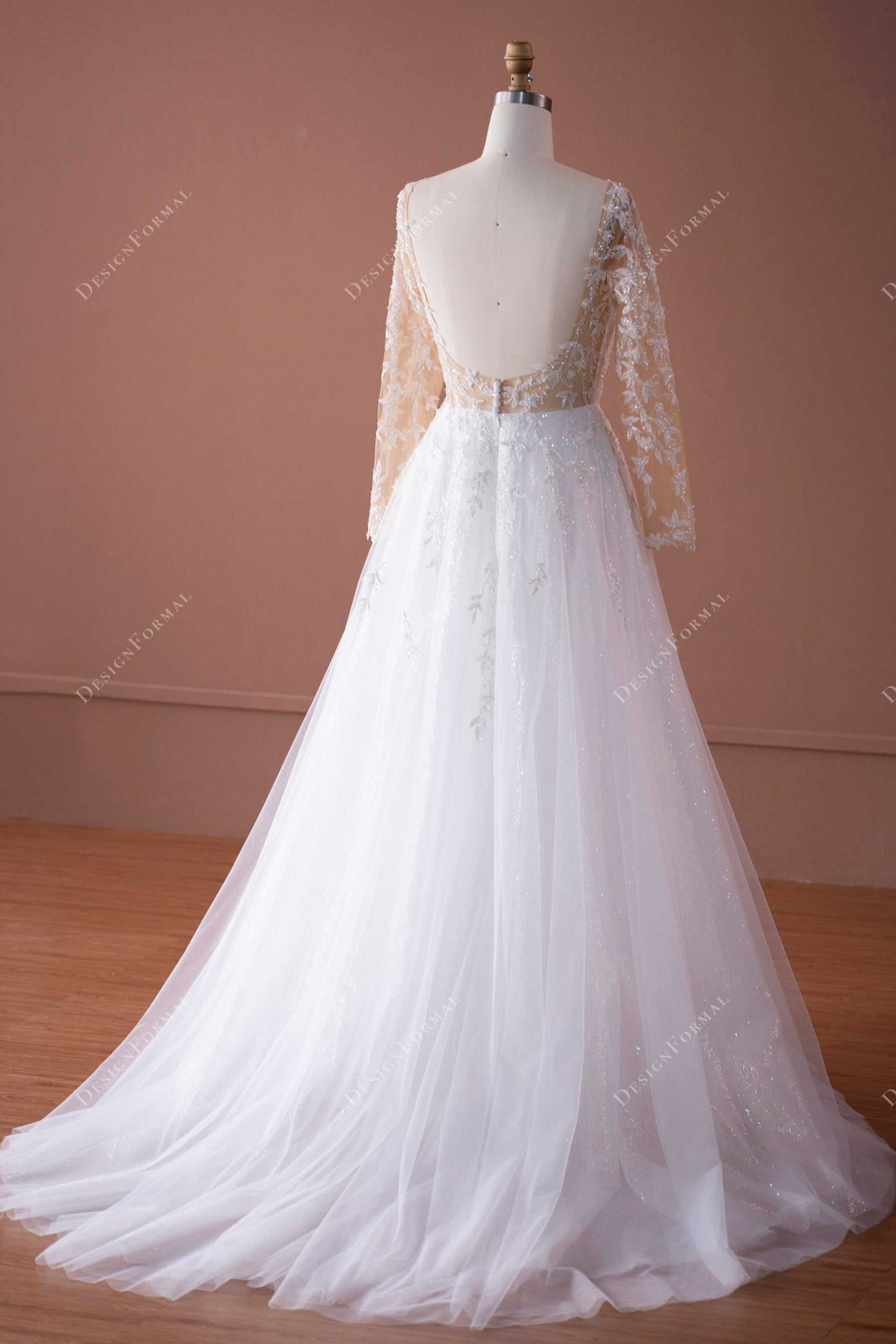 sparkly leaf lace open back tulle illusion sleeved A-line wedding gown