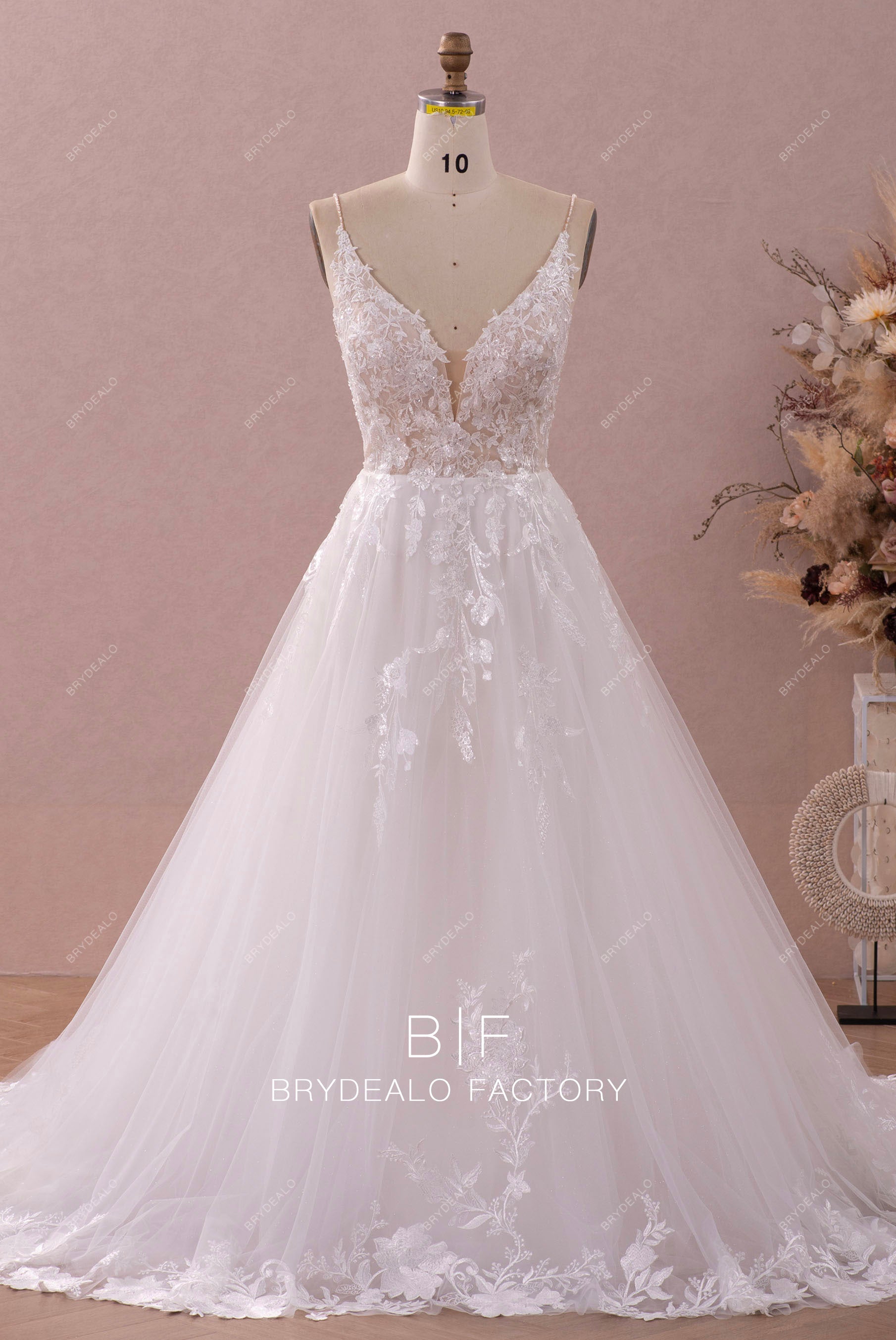 Shimmery Beaded Straps Plunging Lace Wedding Dress