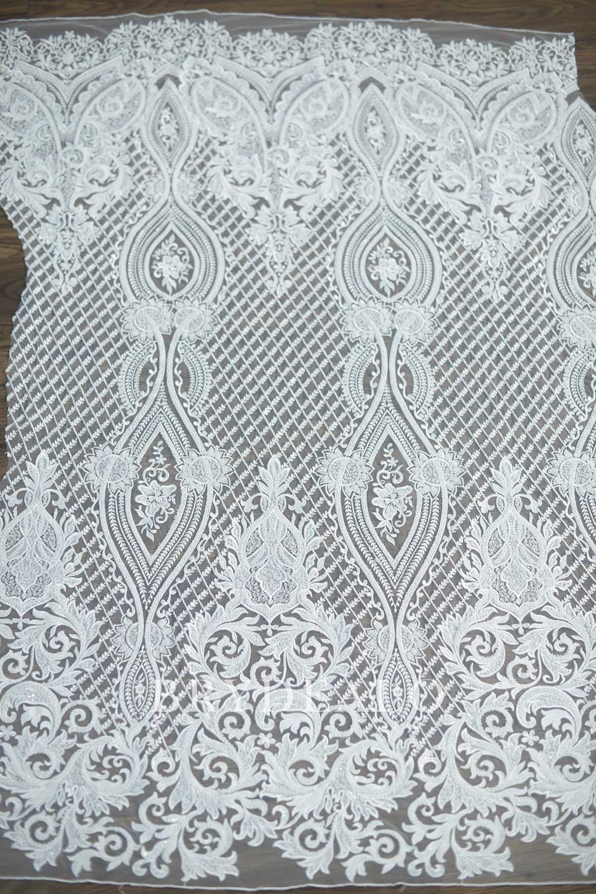 Unique Patterned Heavy Beaded Bridal Lace Fabric