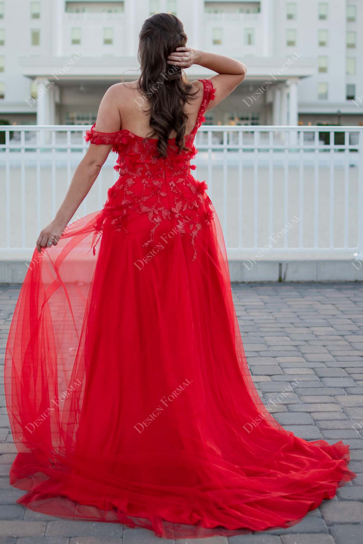 Autumn Red Off Shoulder A-line Tulle Bridal  Dress