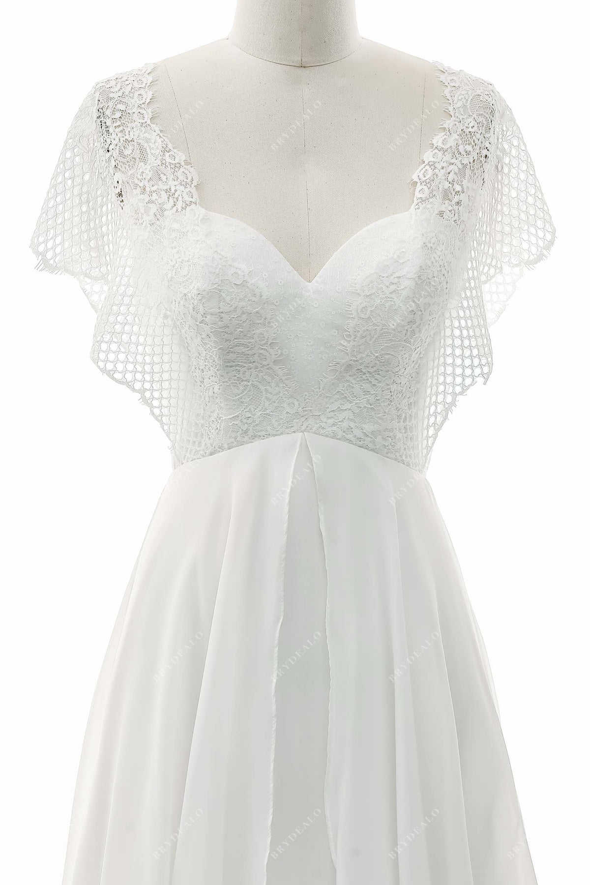 Batwing Sleeve Grecian Lace Chiffon A-line Outdoor Wedding Dress
