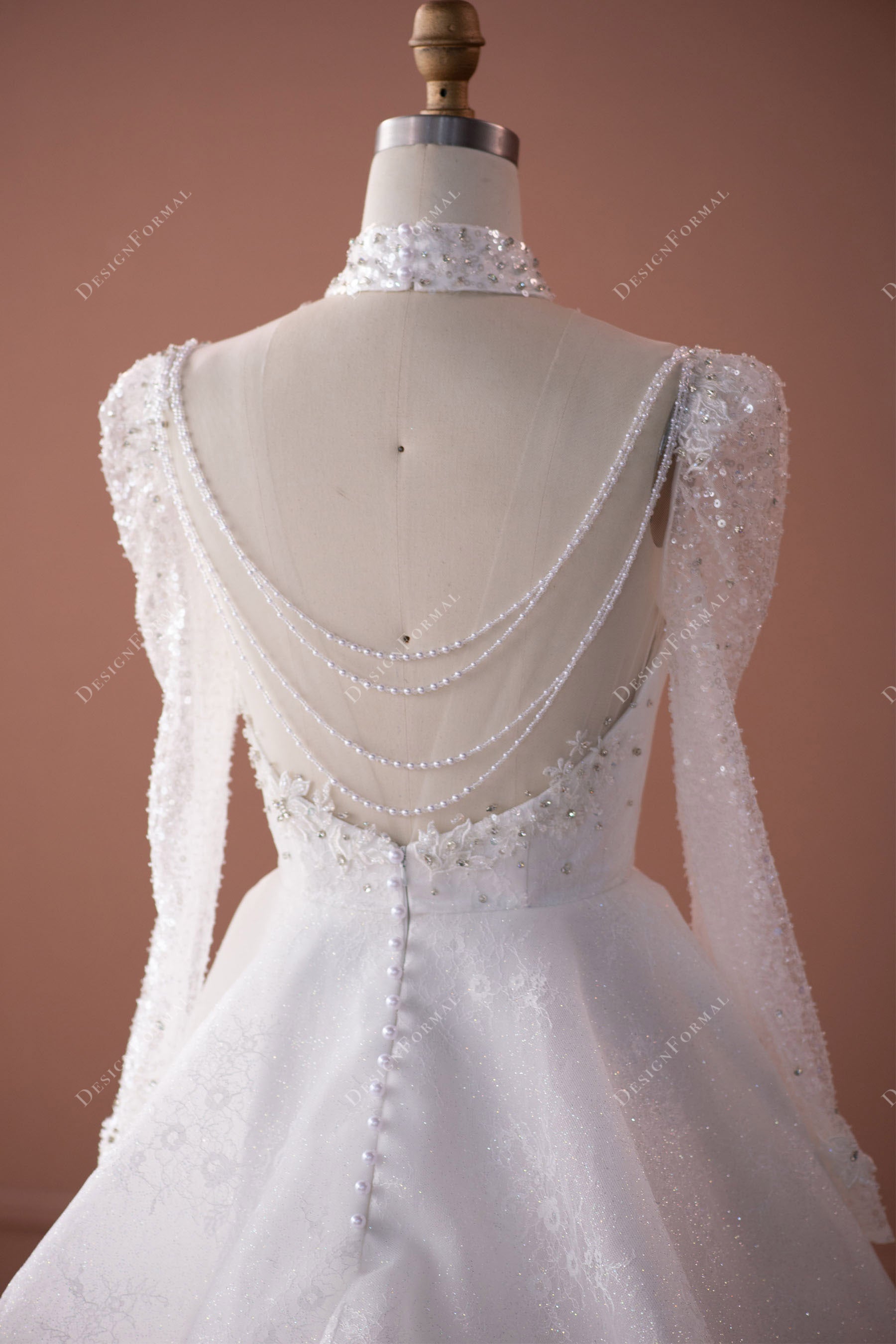 pearls chains open back sleeves bridal dress