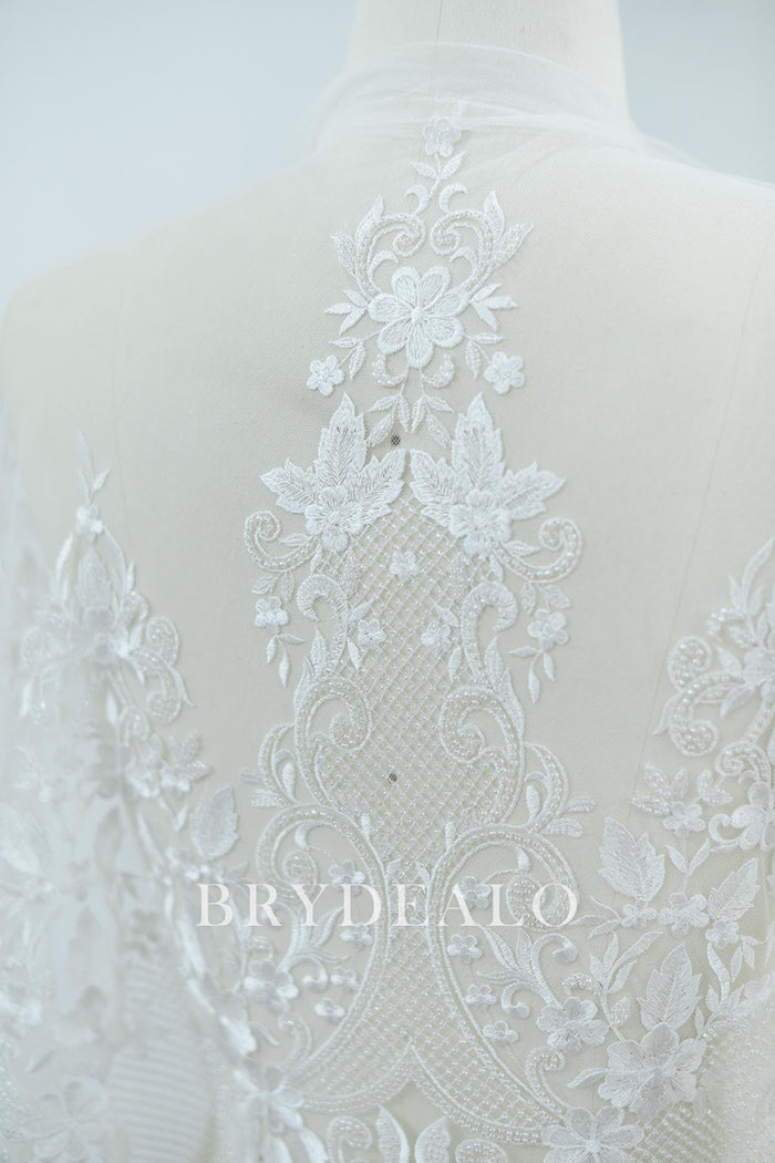 Trendy Exquisite Beaded Floral Leafy Bridal Lace Fabric