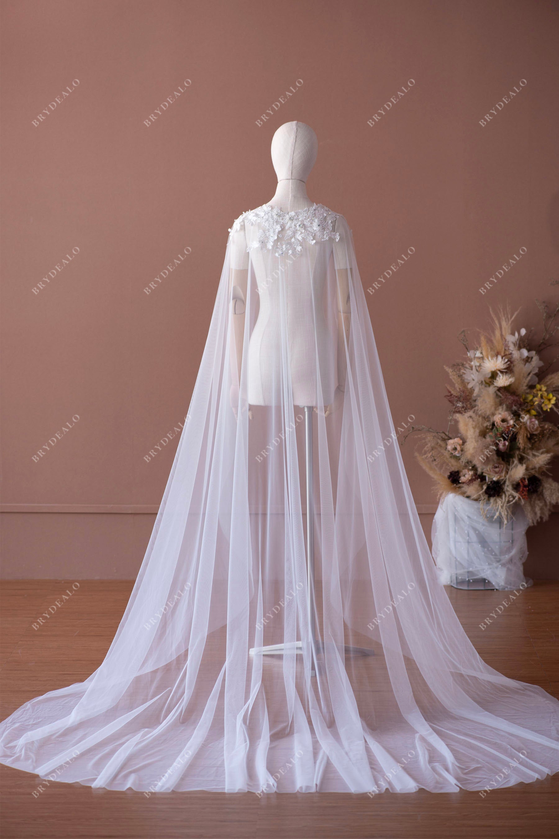 long train beaded flower lace cathedral bridal cape