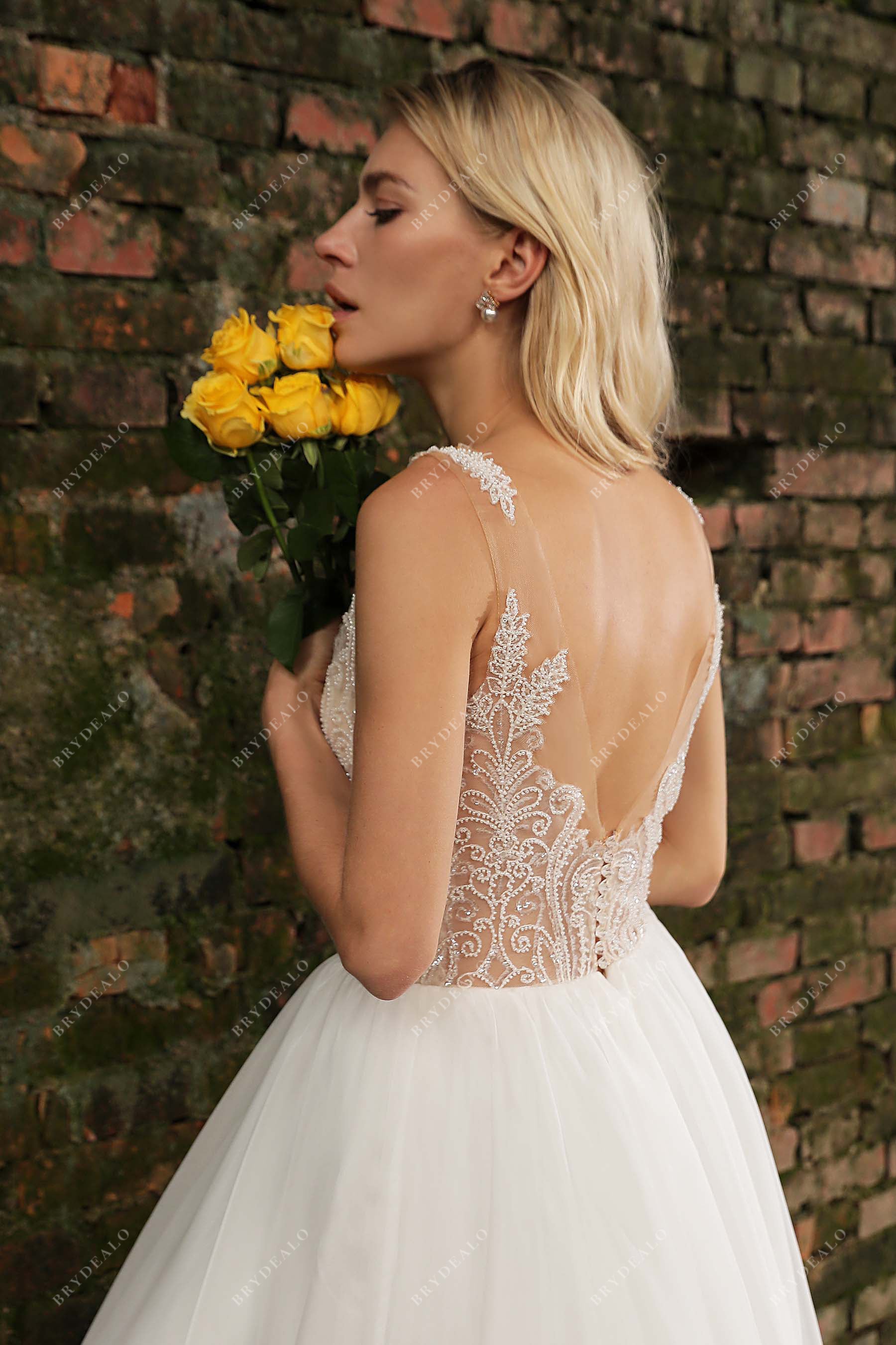 beaded lace illusion V-back modern wedding dress