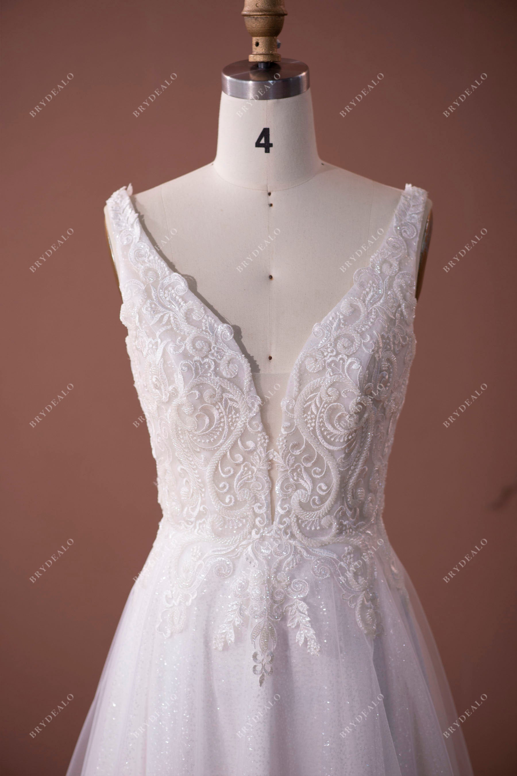 Lace Straps Plunging Neck Designer Wedding Dress