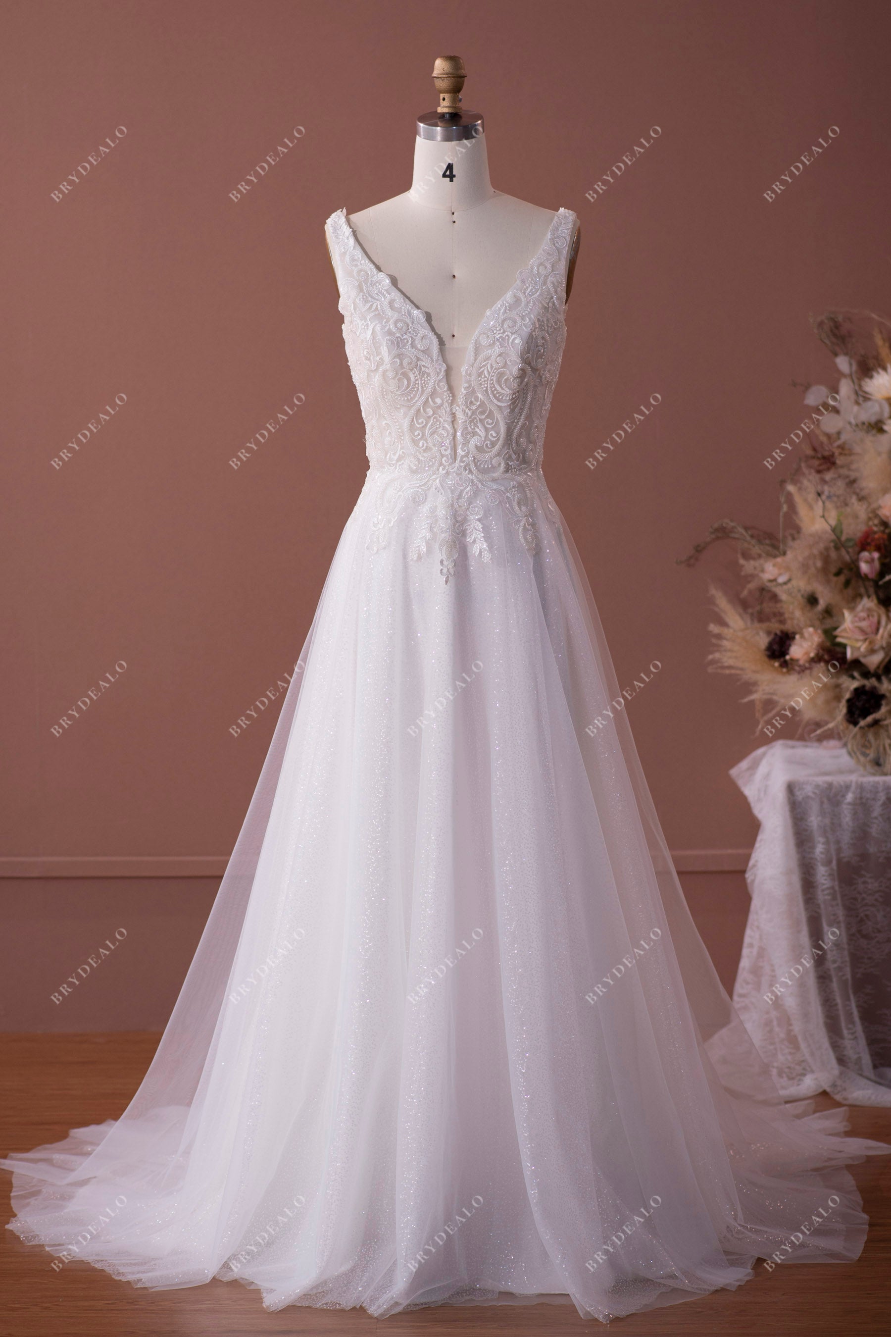 Beaded Lace Plunging Shimmery Fall Wedding Dress