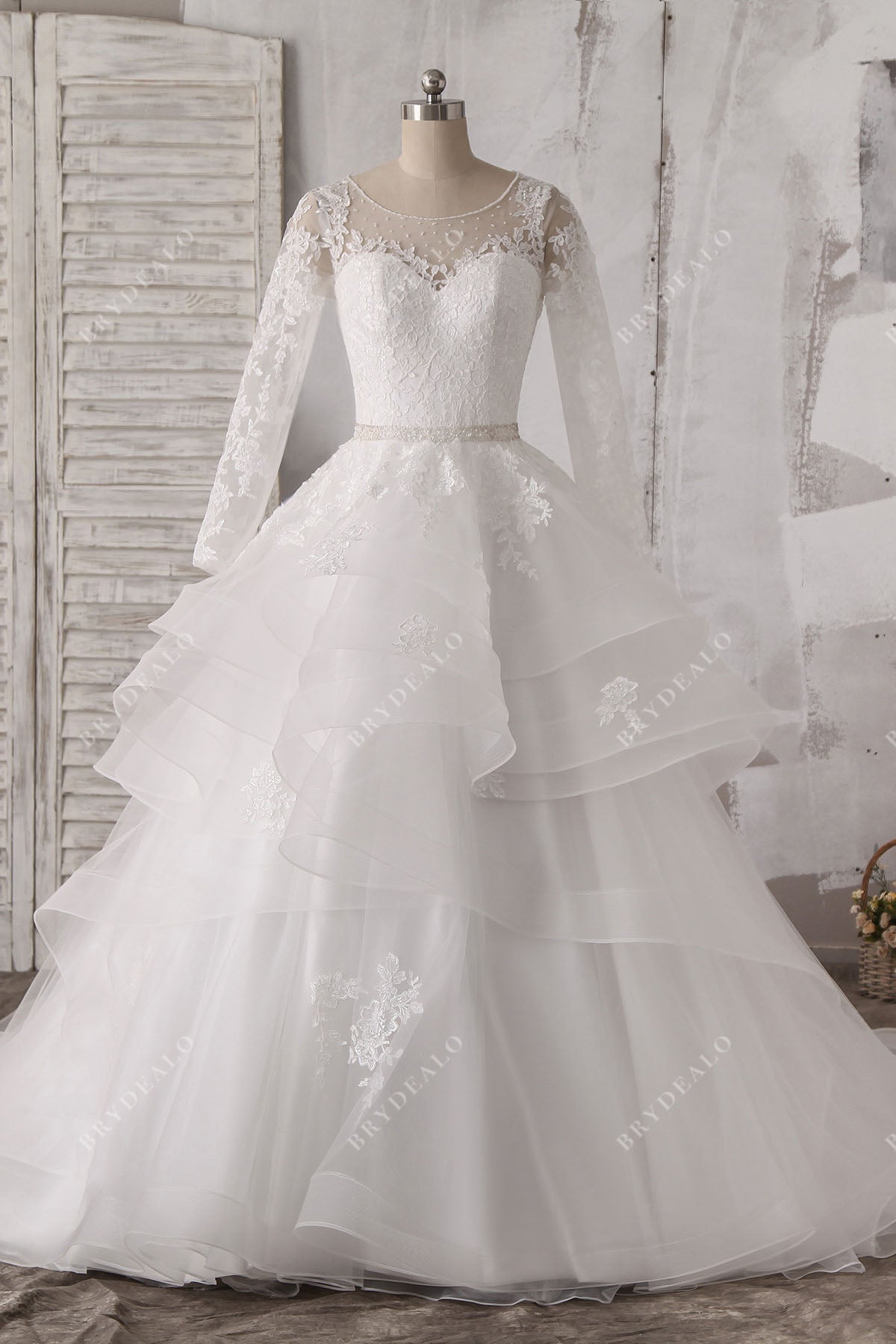 beaded lace tulle ruffled ball gown wedding dress