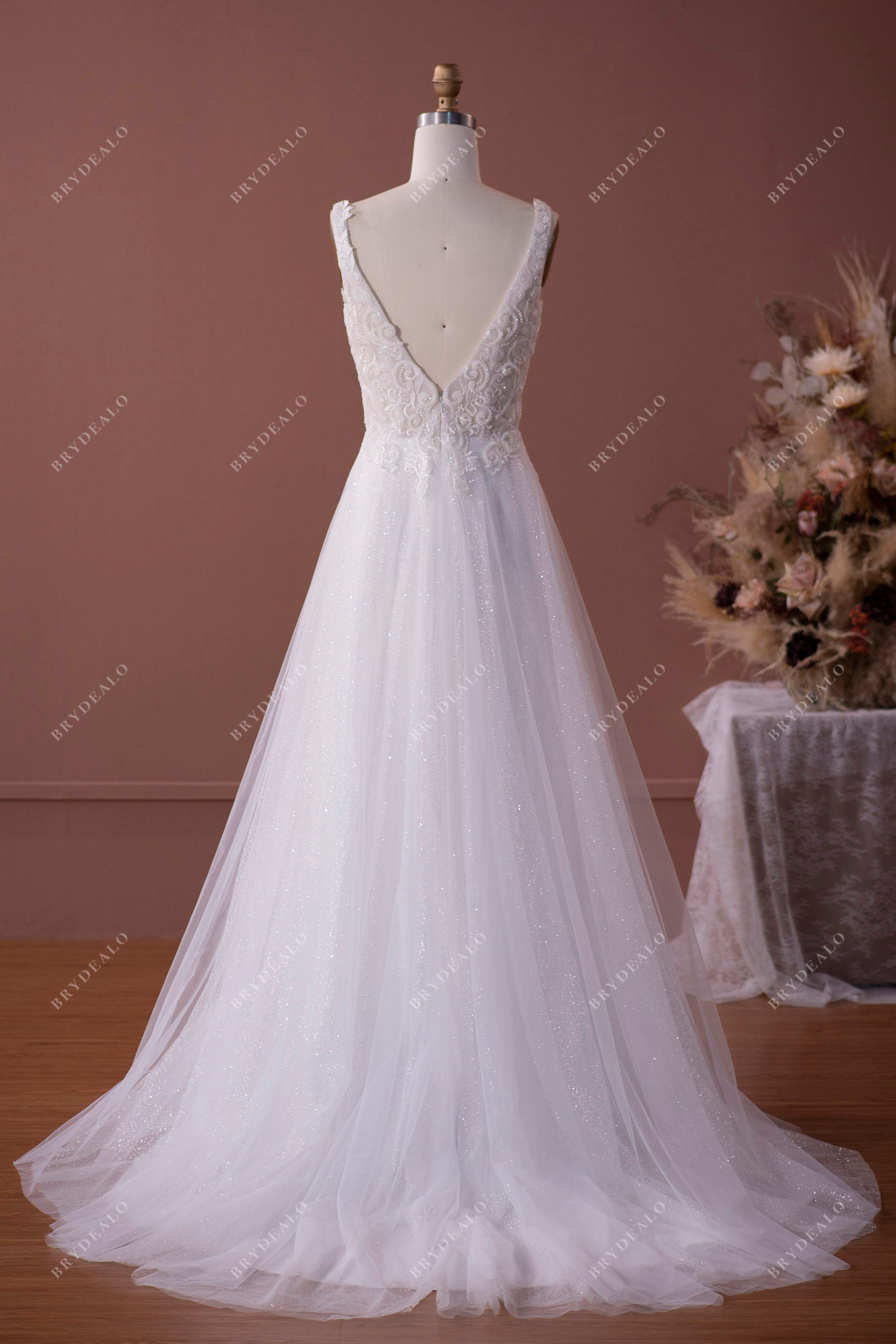 V-back A-line Shimmery Wedding Dress