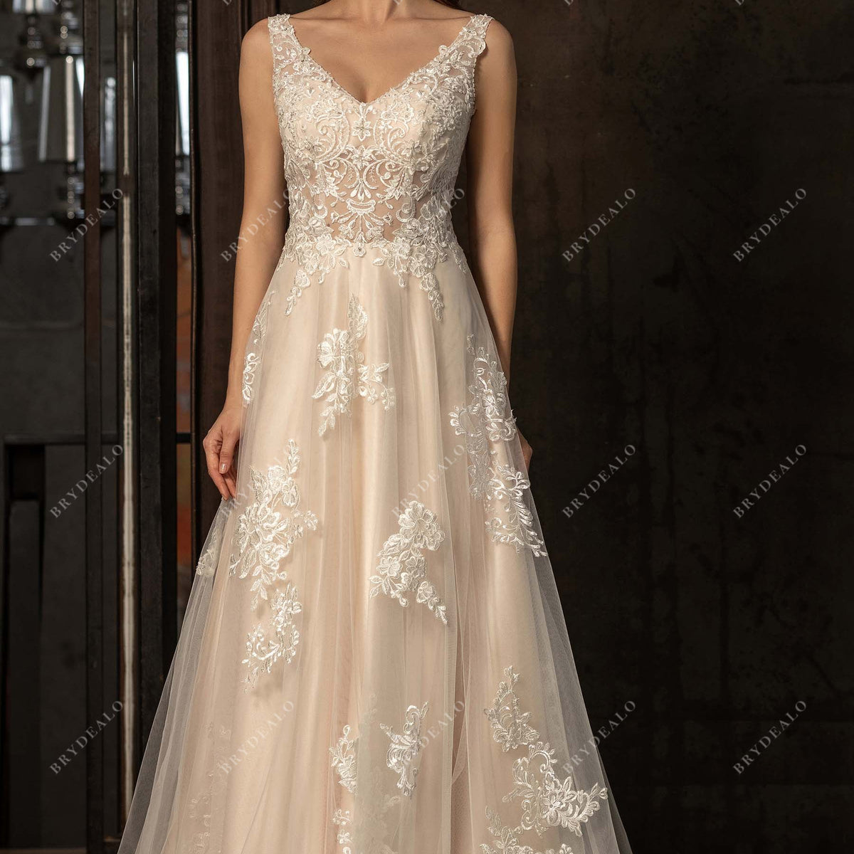 Beaded Straps V-neck Lace Elegant Champagne A-line Wedding Dress, White