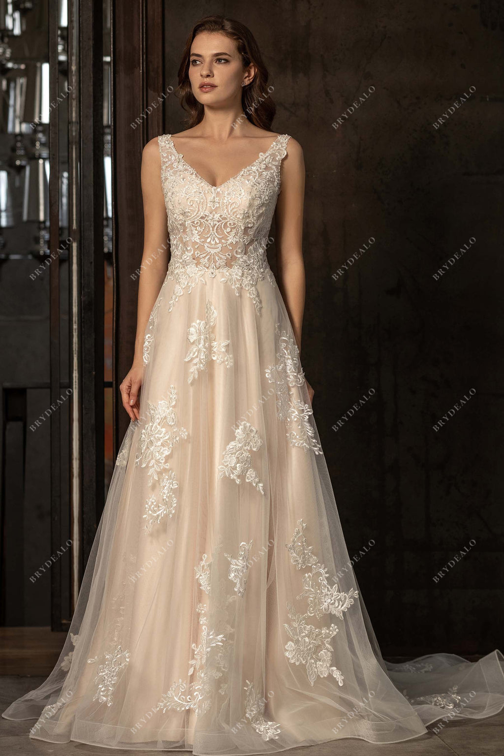 Beaded Straps V-neck Lace Elegant Champagne A-line Wedding