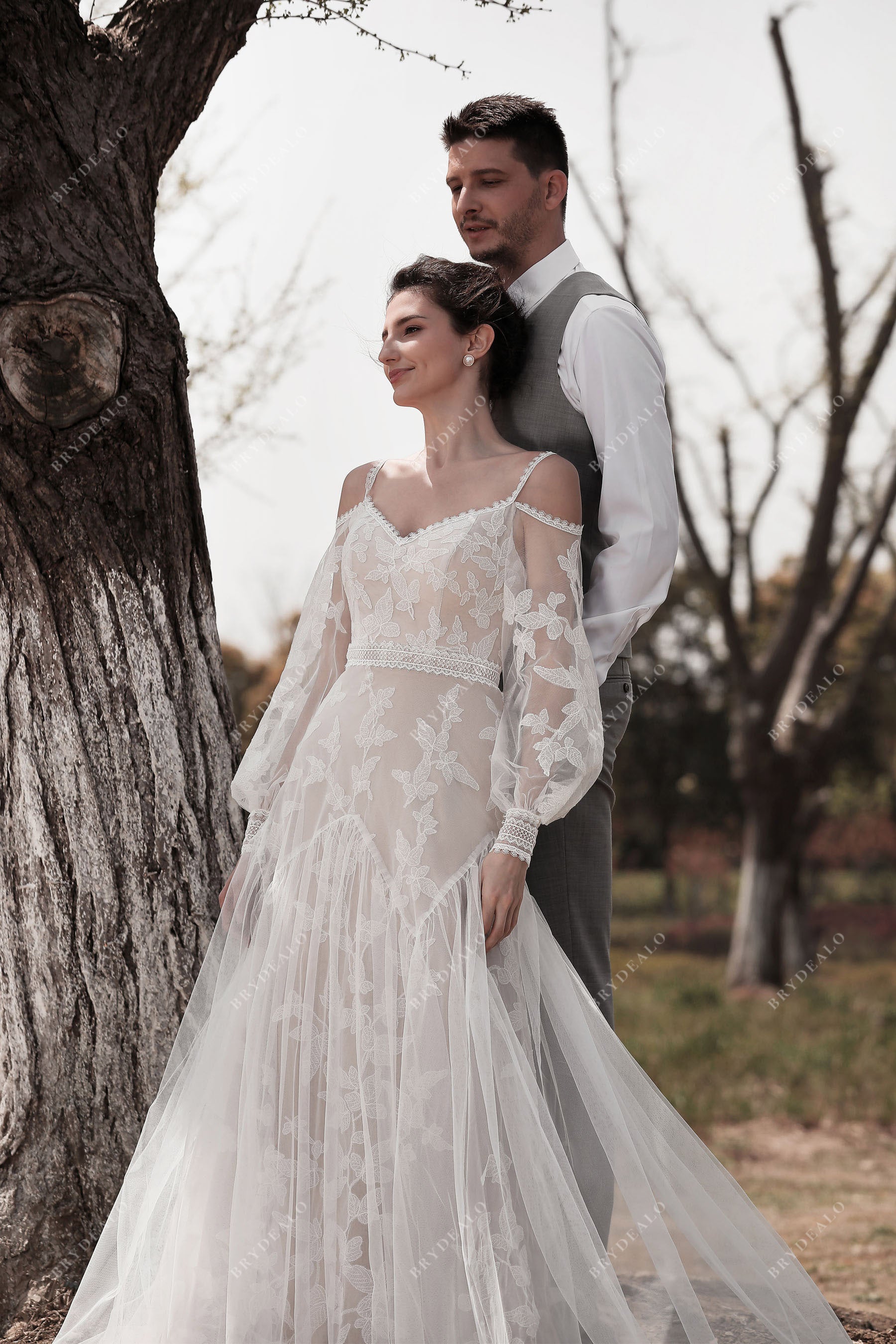 Beige lace shop wedding dress