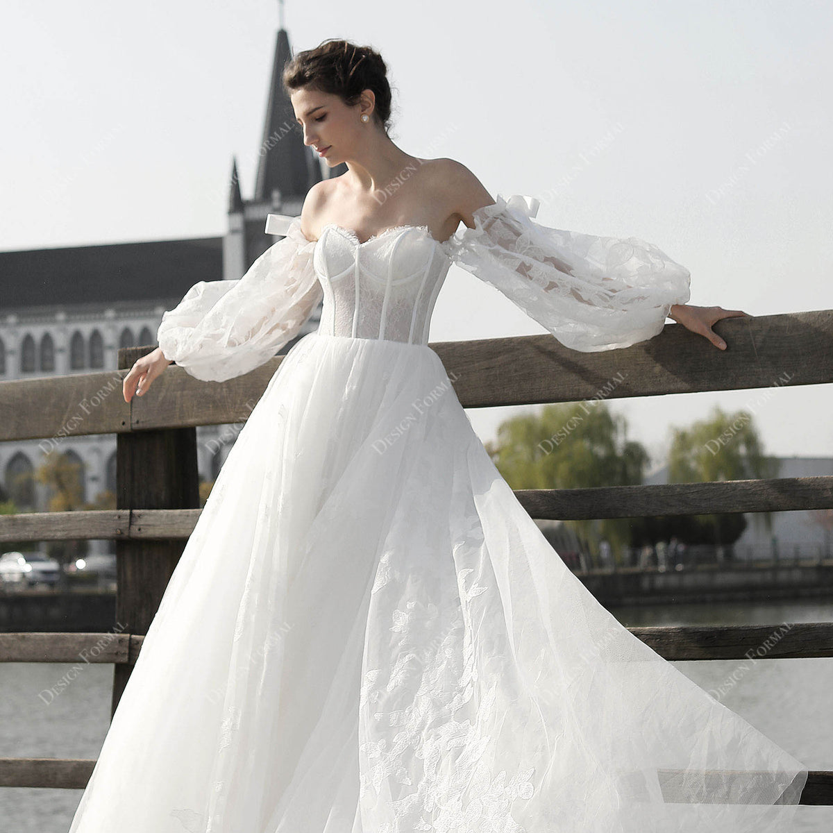 Bell Sleeve Off-shoulder Church Corset Lace Fall Bridal Dress